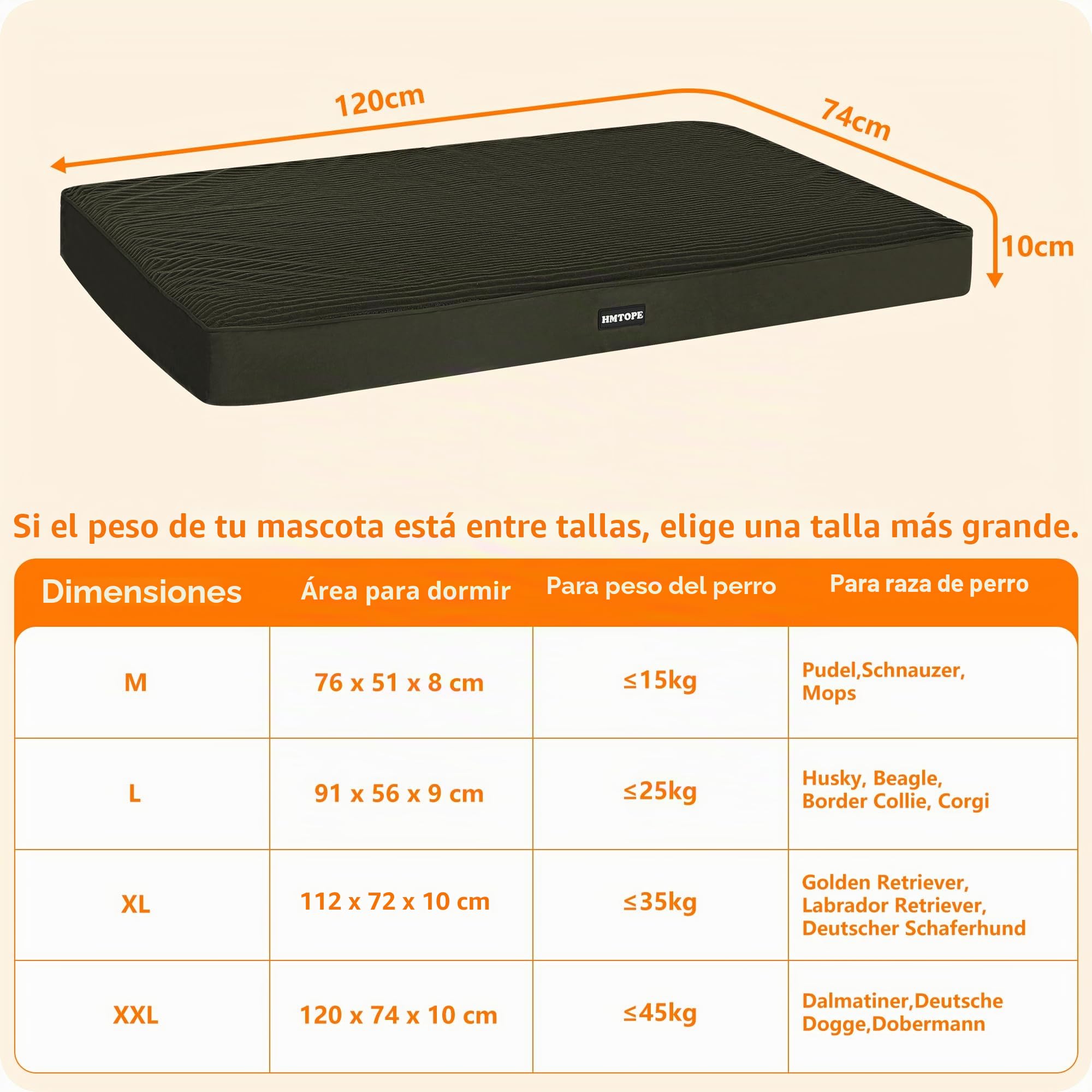HMTOPE Cama ortopédica para perros de 10 cm de grosor, alfombrilla para perros grandes, extraíble y lavable, parte inferior antideslizante, forro interior impermeable, 120 cm, verde oliva