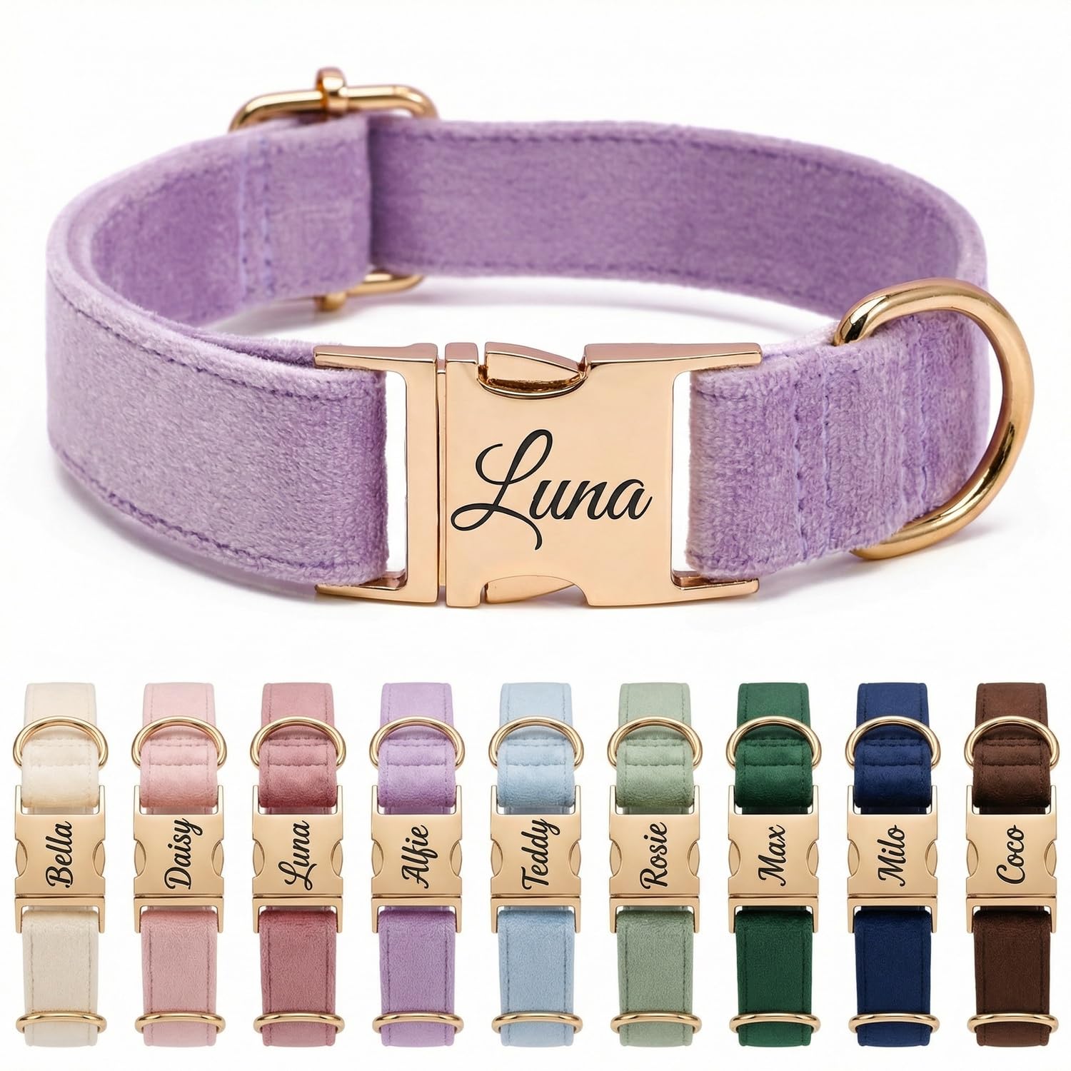 Personalised Velvet Dog Collar UK – Engraved Gold Buckle, Luxury Padded Soft Collar for Small Medium Large Dogs | Custom Name ID Tag, 18 Colours Available | Light Purple — image 1