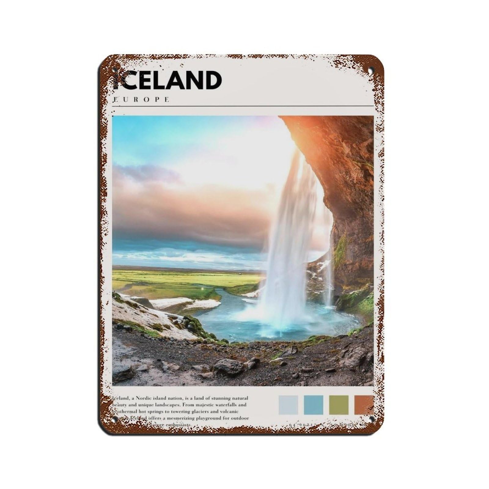 Iceland Art Iceland Poster Iceland Waterfall Artwork Tin Sign Vintage Metal Pub Club Cafe Bar Home Wall Art Decoration Poster Retro 12x16inch(30x40cm)