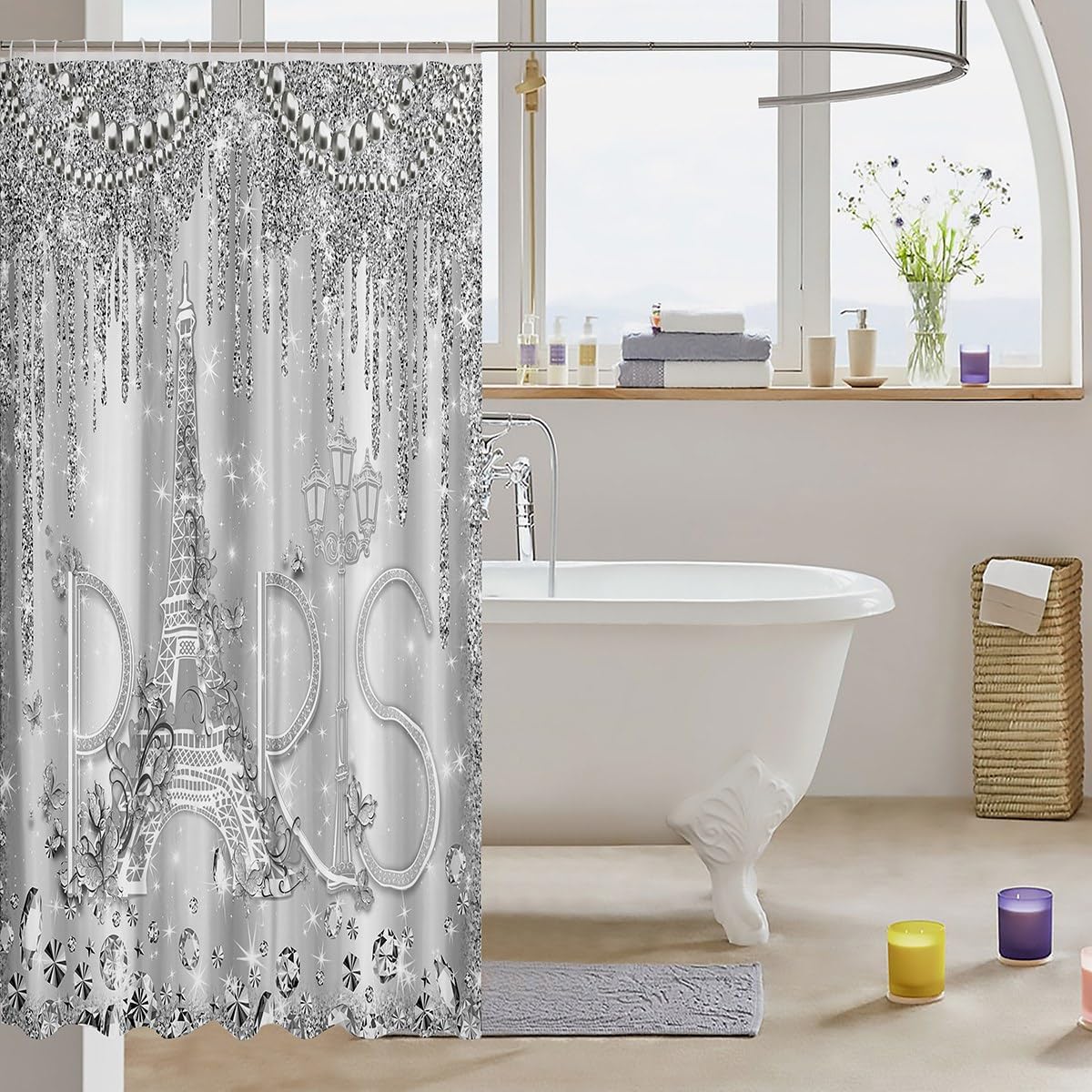 Paris Shower Curtain Sliver Glitter Diamond Bathroom Curtain for Kids Girls Boys Women Room Decor,Romantic Eiffel Tower Waterproof Curtain Luxury Pearls and Jewels Bath Curtain,12 Hooks,72"Wx84"L