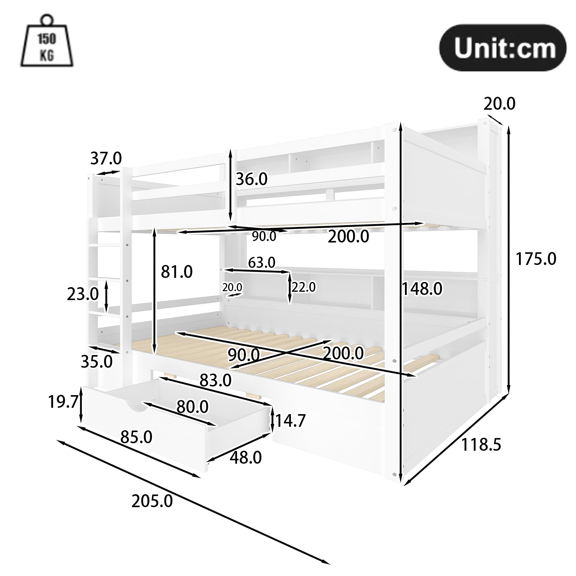 Moimhear Letto singolo, 90 x 200 cm, letti a castello, letti a castello, con cassetti, con vano portaoggetti (bianco)
