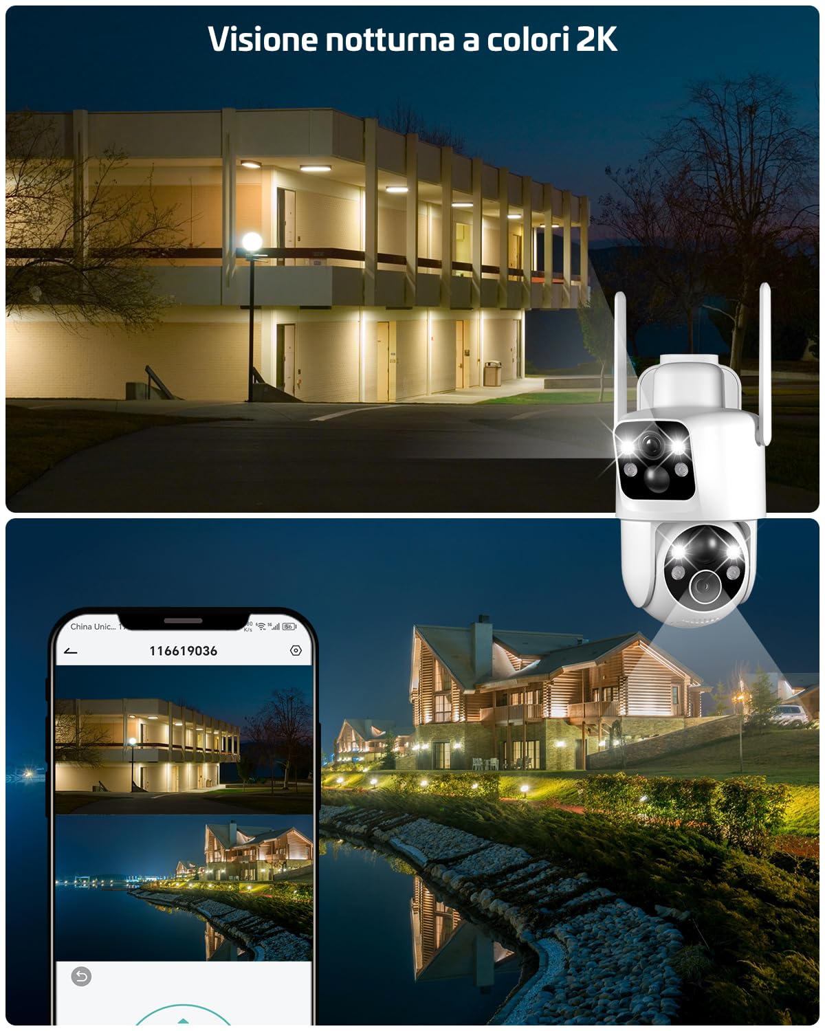 COCOCAM 2K Telecamera Wi-Fi Esterno Senza Fili Solare PTZ con Doppio Obiettivo Doppio PIR, Batteria 10000mAh, 355°P 90°T, Pannello Solare 6W, IP66