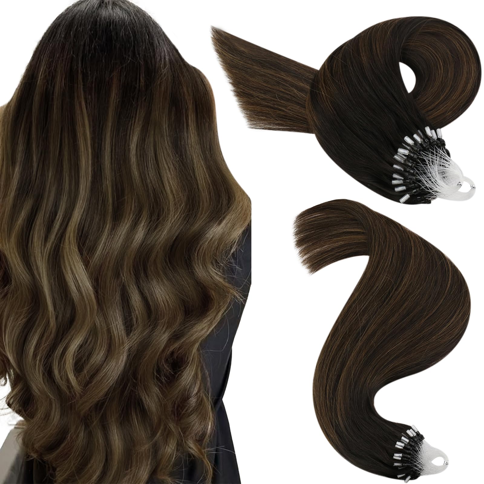 Easyouth Micro Ring Human Hair Extensions Seamless Micros Loop Hair Extensions Darkest Brown with Light Brown Micro Link Hair Extension Remy Human Hair Daily Wear 18 Inch 50g/50s