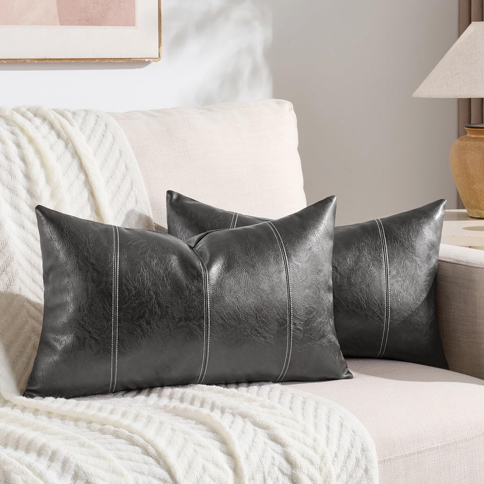 Fancy Homi 2 Packs Dark Gray Lumbar Faux Leather Decorative Throw Pillow Covers 12x20 Inch for Outdoor Couch Bed, Modern Farmhouse Boho Home Decor,