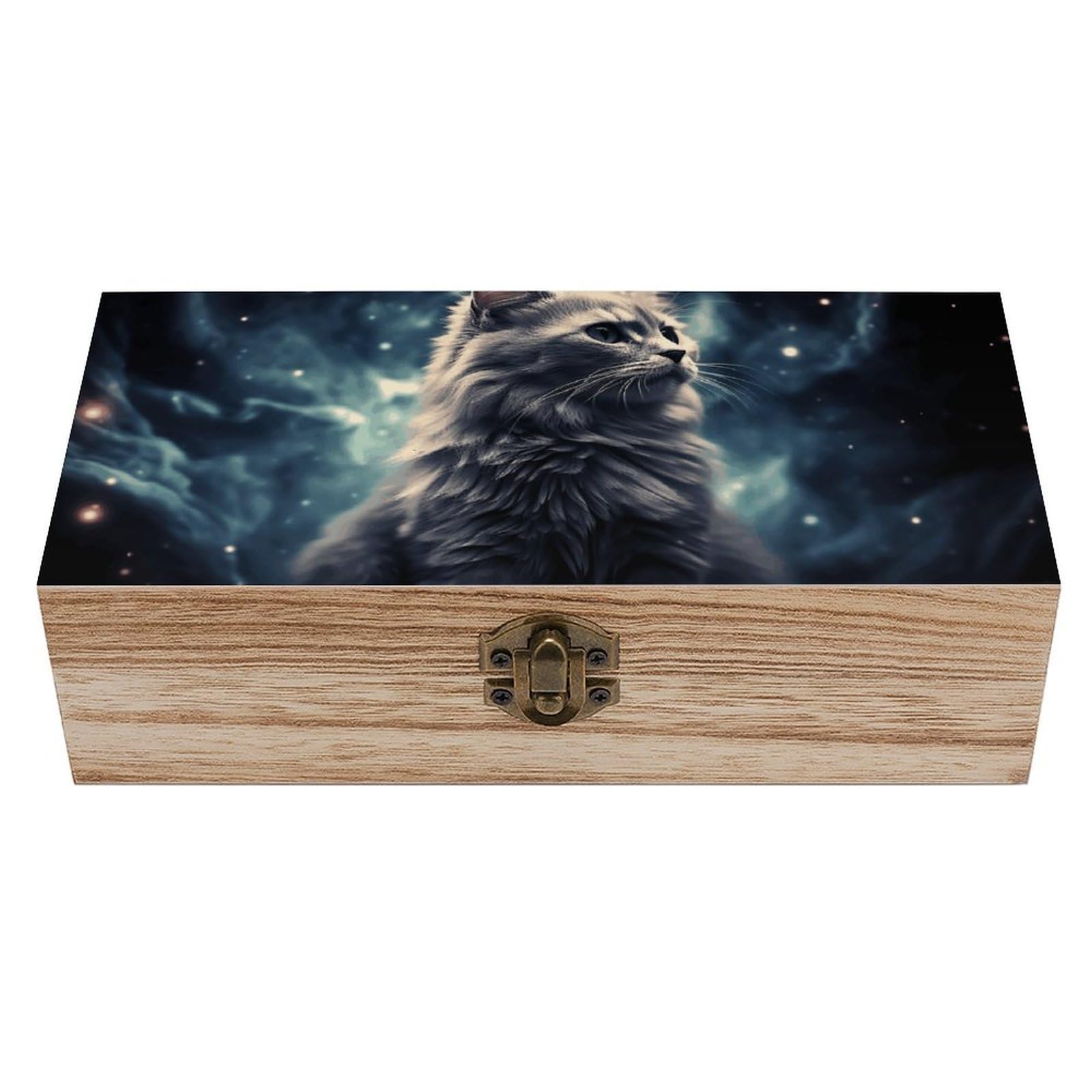 Wooden Storage Box A Cat in A Nebula Wood Gift Box with Hinged Lid Vintage Decorative Jewelry Boxes Memory Box for Jewelry Art Hobbies Home Storage Treasure Keepsake Gift 7.9''x3.9''x2.3''