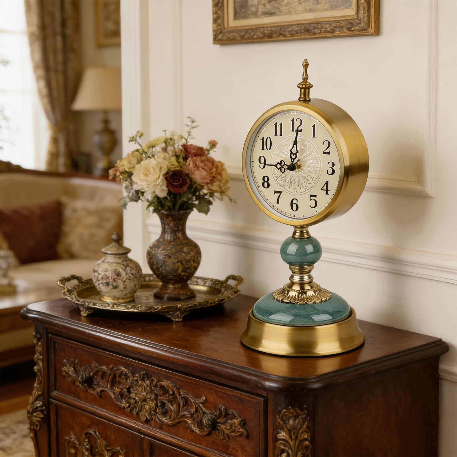 Vintage Tischuhr Gold, Antike Metall Schreibtischuhr Batteriebetrieben für Kaminsims, Wohnzimmer, Tischdekoration, Schlafzimmer, Wohnzimmer