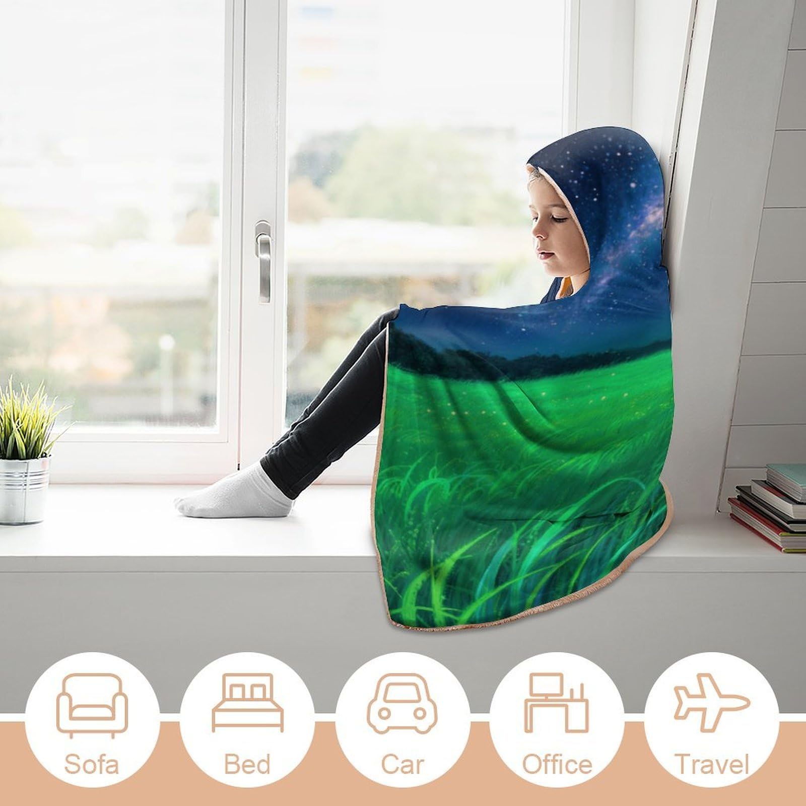 Manta poncho envolvente de gran tamaño, suave y cálida, manta para adultos, manta con capucha y cielo estrellado brillante