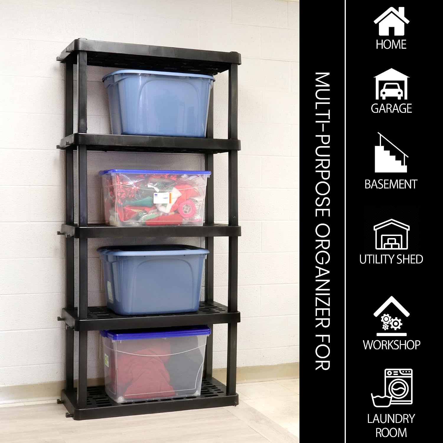 Oskar Heavy Duty Plastic Storage Shelves- for Garage, Kitchen, Bathroom Basement, Kids Room, Toys,Stackable 5-Tier Black, Organizer Rack for Books Shoes, Pantry, Cleaning and Closet Organization
