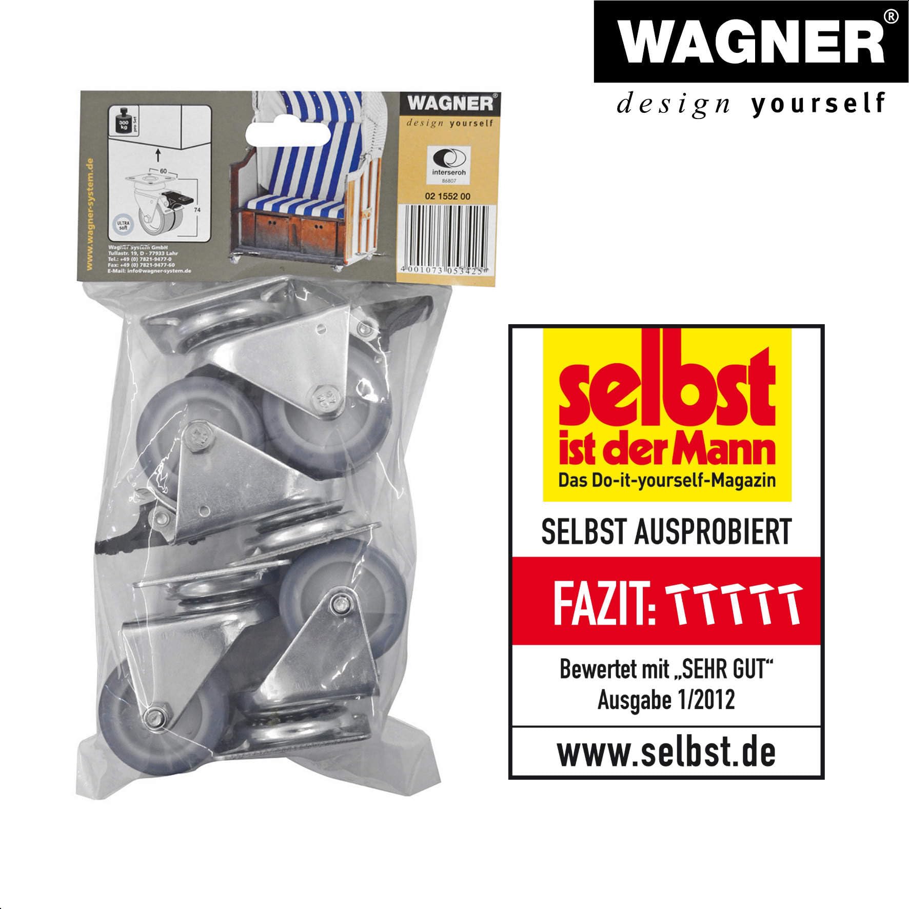 WAGNER Strandkorbrollen 4tlg. Set/Apparaterollen/Doppelrollen - ULTRASOFT - Durchmesser Ø 50 mm, Bauhöhe 75 mm, 2 Feststeller, Anschraubplatte 60 x 60 mm, Tragkraft 300 kg/Set - 02155200