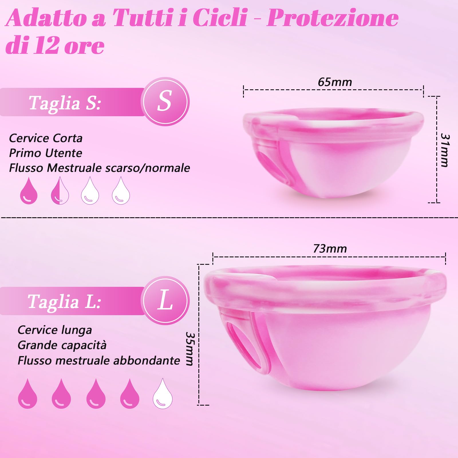 Robofun Disco mestruale, 2 pezzi (S+L) - Coppa mestruale riutilizzabile in silicone medico 100% per tutte le correnti, senza pericolo per lo sport e il nuoto -Bianco&Viola