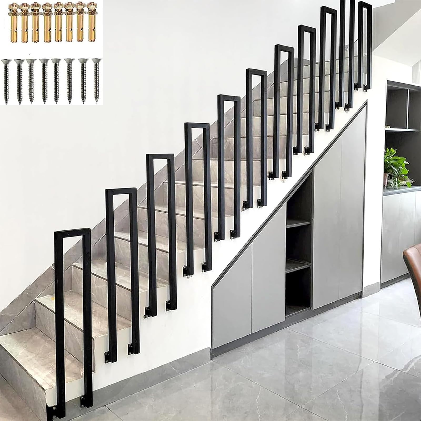 Zyntho Black U-Shaped Stairs Handrail, Hand Rails For Outdoor Steps, Side Mount Indoor Stair Railings, 35-100Cm Tall Non-Slip Hand Rail Guardrail, For Loft Villas Corridor Porch Steps(95Cm/3.1Ft)