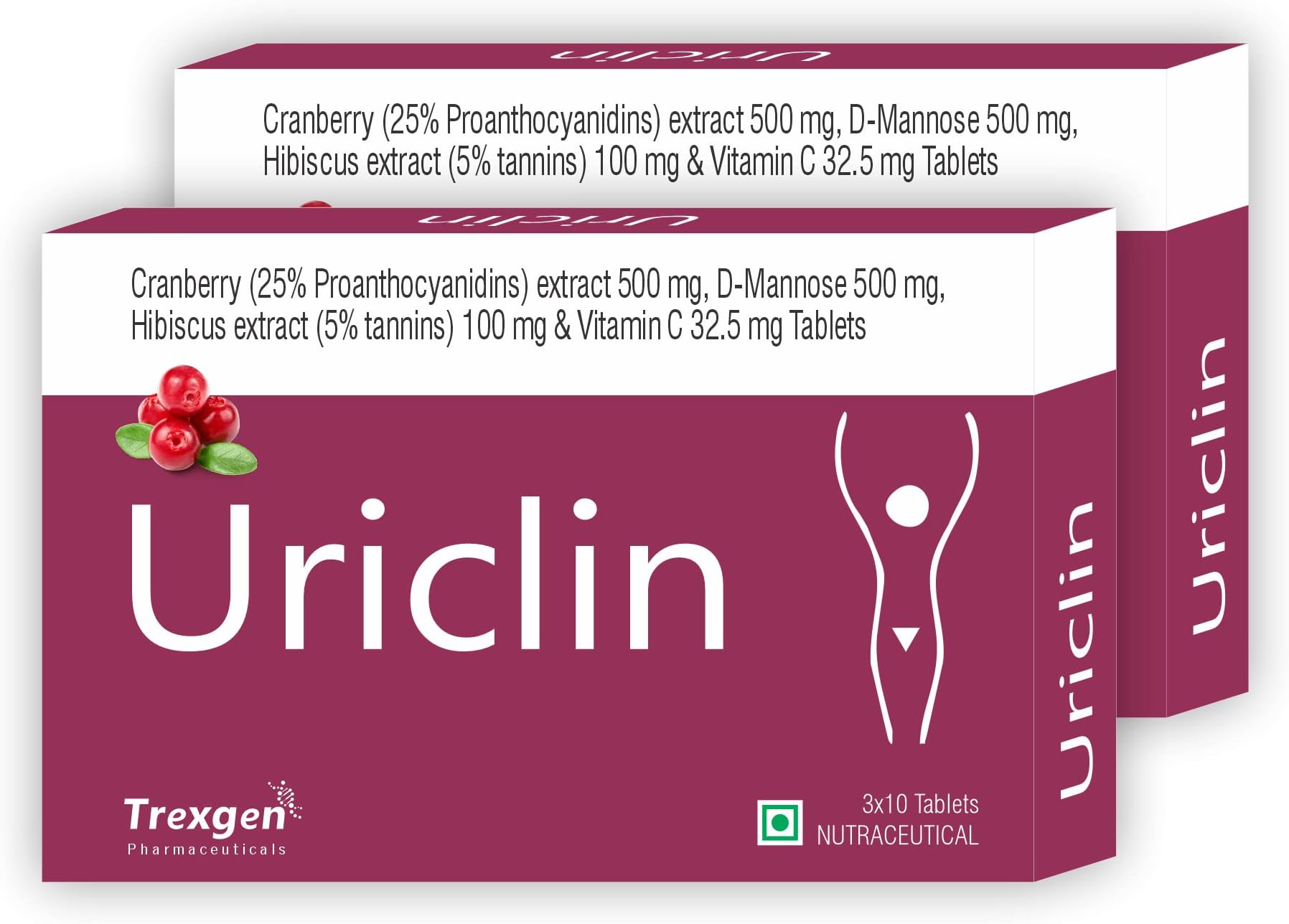 Trexgen URICLIN UTI Support Cranberry 25% Proanthocyanidine 500 mg, D-Mannose 500 mg, Hibiscus 100 mg & Vitamin C (30 Tablets) (Pack of 2)
