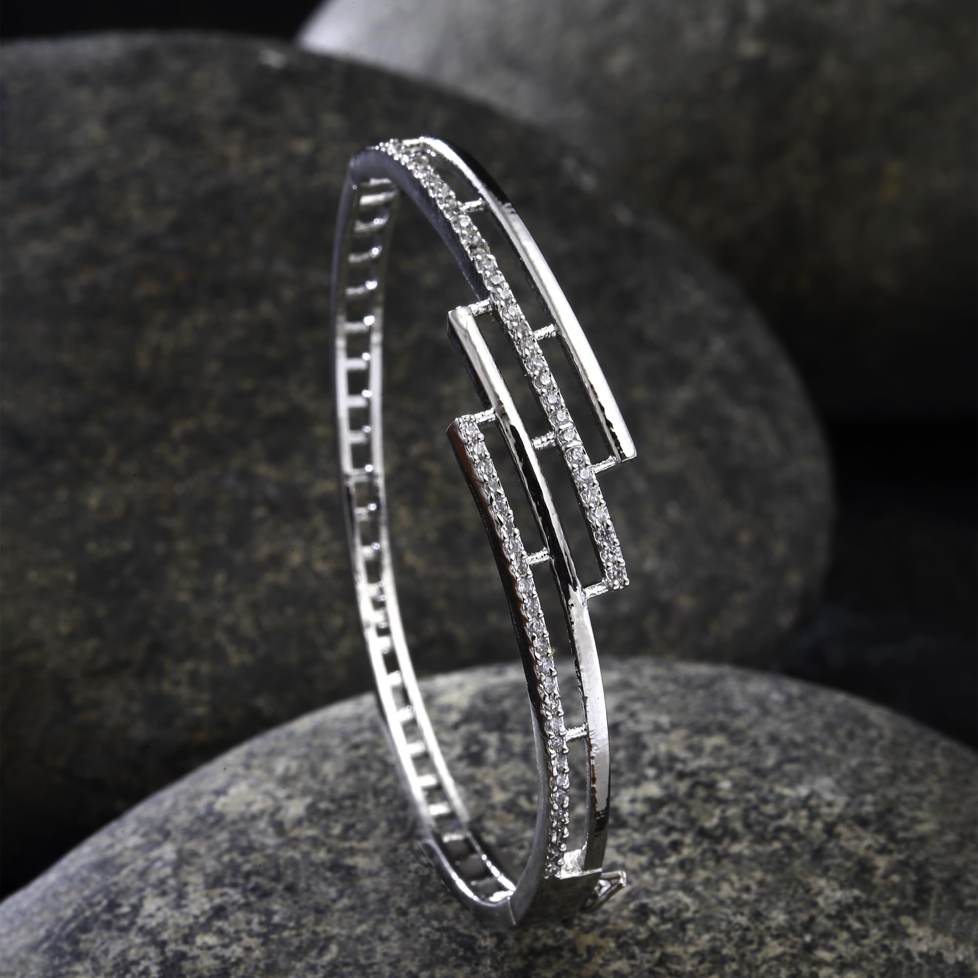 Rhodium-Plated American Diamond Studded Kada Bracelet (Design1)