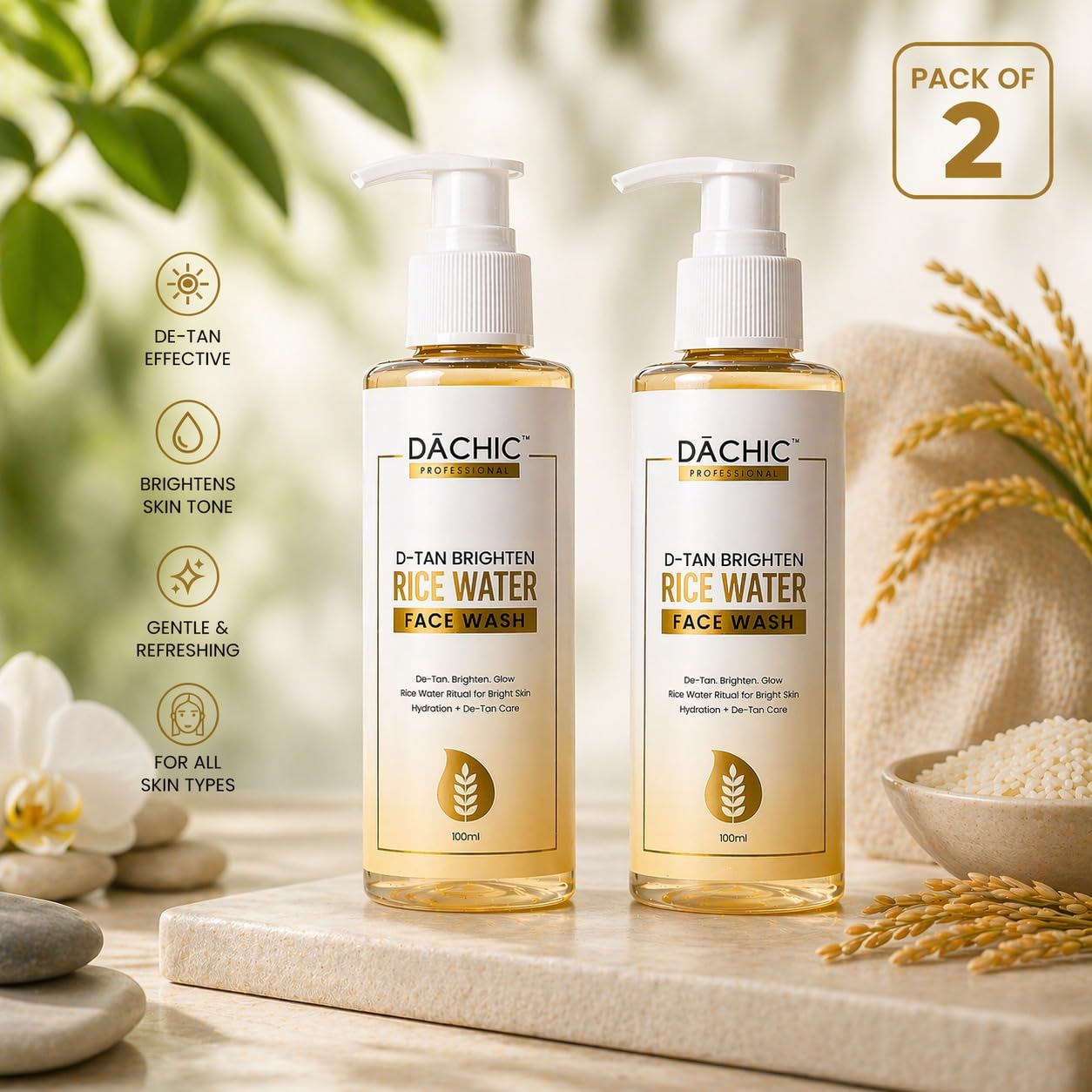 DACHIC Rice Water D-Tan Brightening Face Wash for Glowing Skin, Deep Cleansing Daily Face Cleanser for Tan Removal, Hydrating Men Women, Gentle Formula for All Skin Types, Pack of 2 3