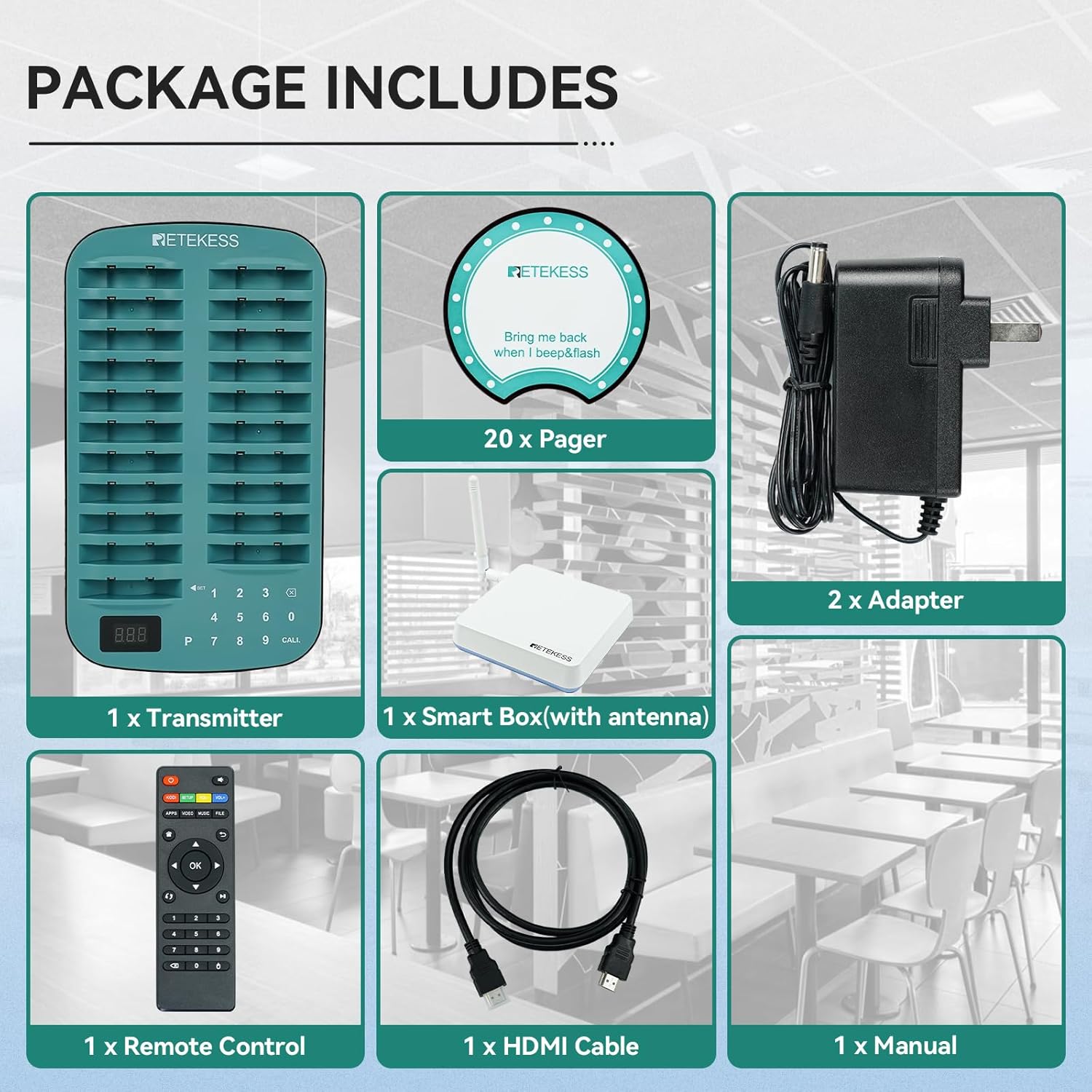 Contents of the Retekess TD167F package including transmitter, smart box, pagers, adapters, remote, HDMI cable, and manual