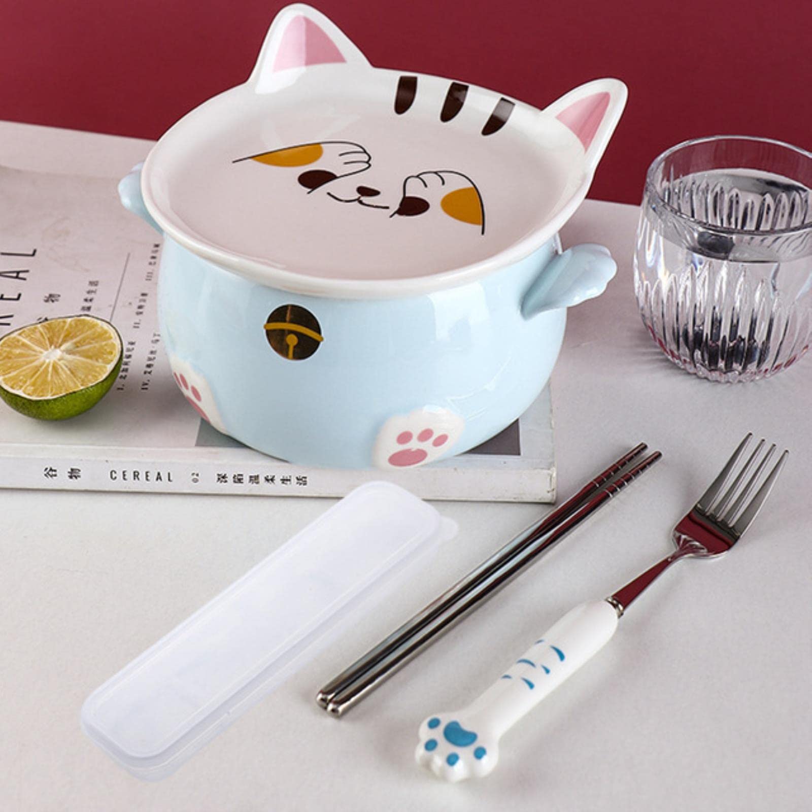 Schöne Katzen-Ramen-Schüssel mit Essstäbchen, Deckel, Löffel, Teller, Keramik, niedlich, für Küche, Salat, Obst, Instant-Nudeln, Reis, große Schüssel