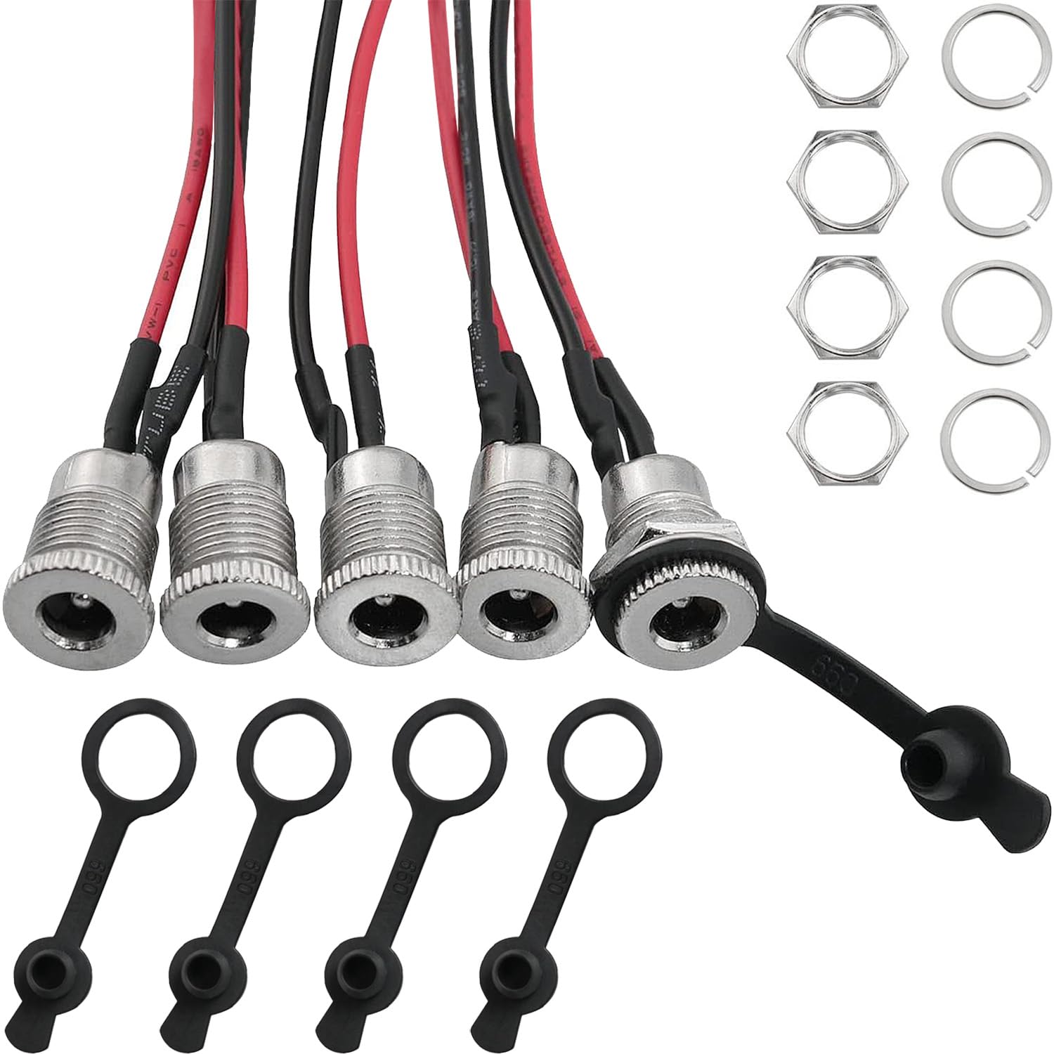 DC Power Jack Socket LUORNG 5PCS 5.5 x 2.1 mm 8A DC Female Panel Mount Charging Wire Threaded Socket Jact Connector with Pre-soldered Wires and Waterproof Cover Cap