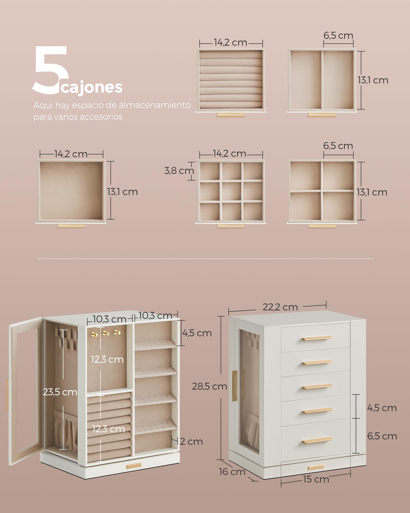 SONGMICS GISELLA Caja Joyero Giratorio 360° 5 Cajones Ventanas de Cristal Blanco Nube JBC170W01