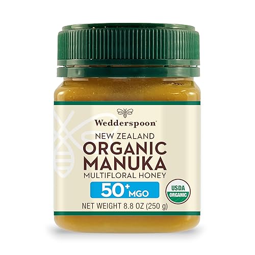 Wedderspoon Miel de Manuka Cruda Premium Orgánica Certificada por USDA, 50+ MGO, 8.8 Oz, Miel de Nueva Zelanda Sin Pasteurizar, De Nuestras Colmenas
