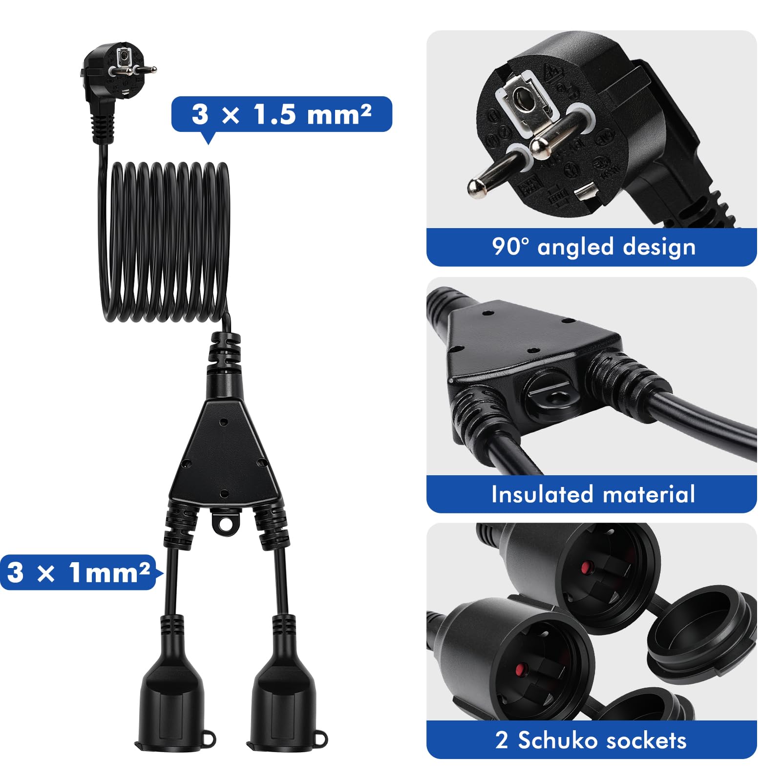 Cavo di Prolunga 5 metri con 2 prese Schuko Prolunga Elettrica IP44 Prolunga Ciabatta H05VV-F 3G 1,5mm², 250V/16A, adatto per giardino, officina, cantiere 5M