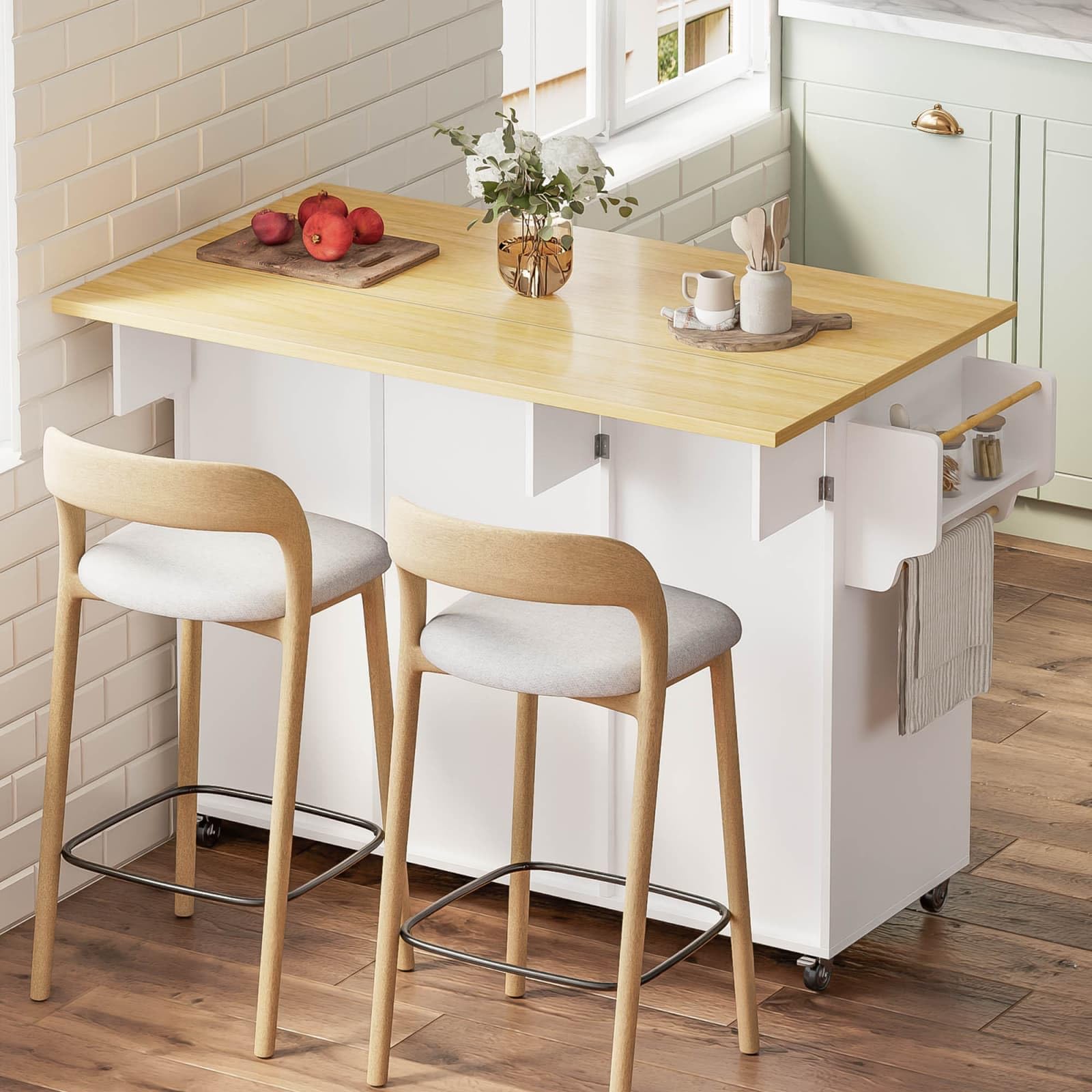 KOMHTOM Desserte de Cuisine à roulettes avec Plan Travail Rabattable Chariot Rangement Grand Tiroir Placard Blanc Bois(120cm Classique Blanc)