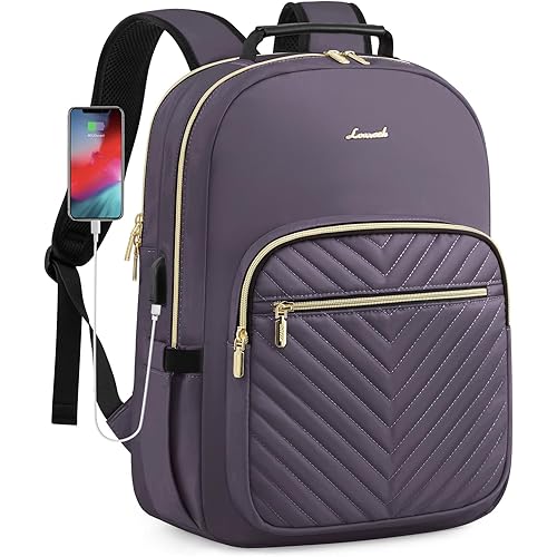 LOVEVOOK Laptop Backpack for Women, Large Capacity Travel Computer Work Bag with 17-inch Laptop Compartment, Business Nurse Backpack Purse, Hiking Outdoor Carry On Backpack, Purple Grey