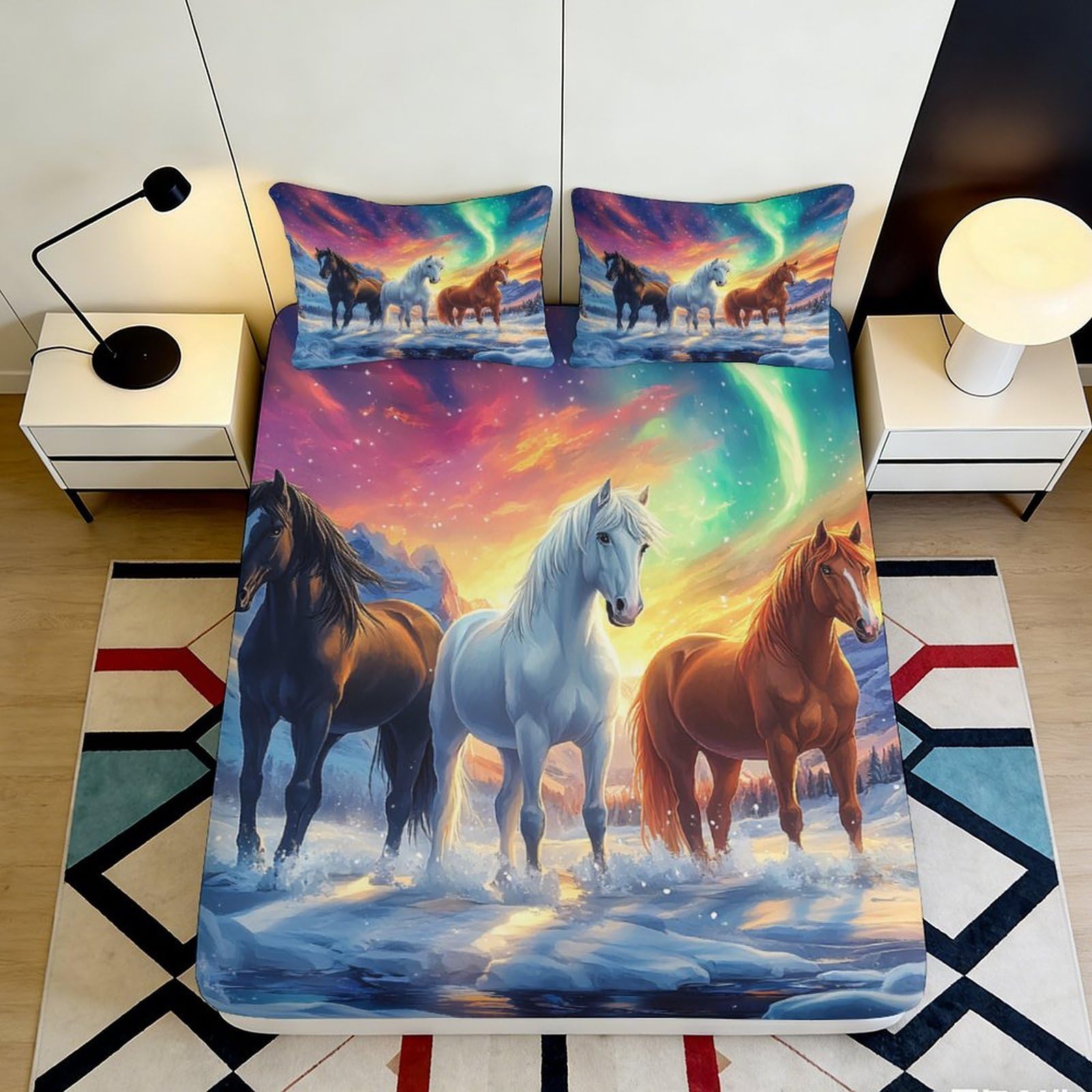 3D Printed Majestic Horse Fitted Sheet Microfiber Colourful Wild Horses Bed Cover for Bedroom Dorm Mattress Decor 90x200x25cm