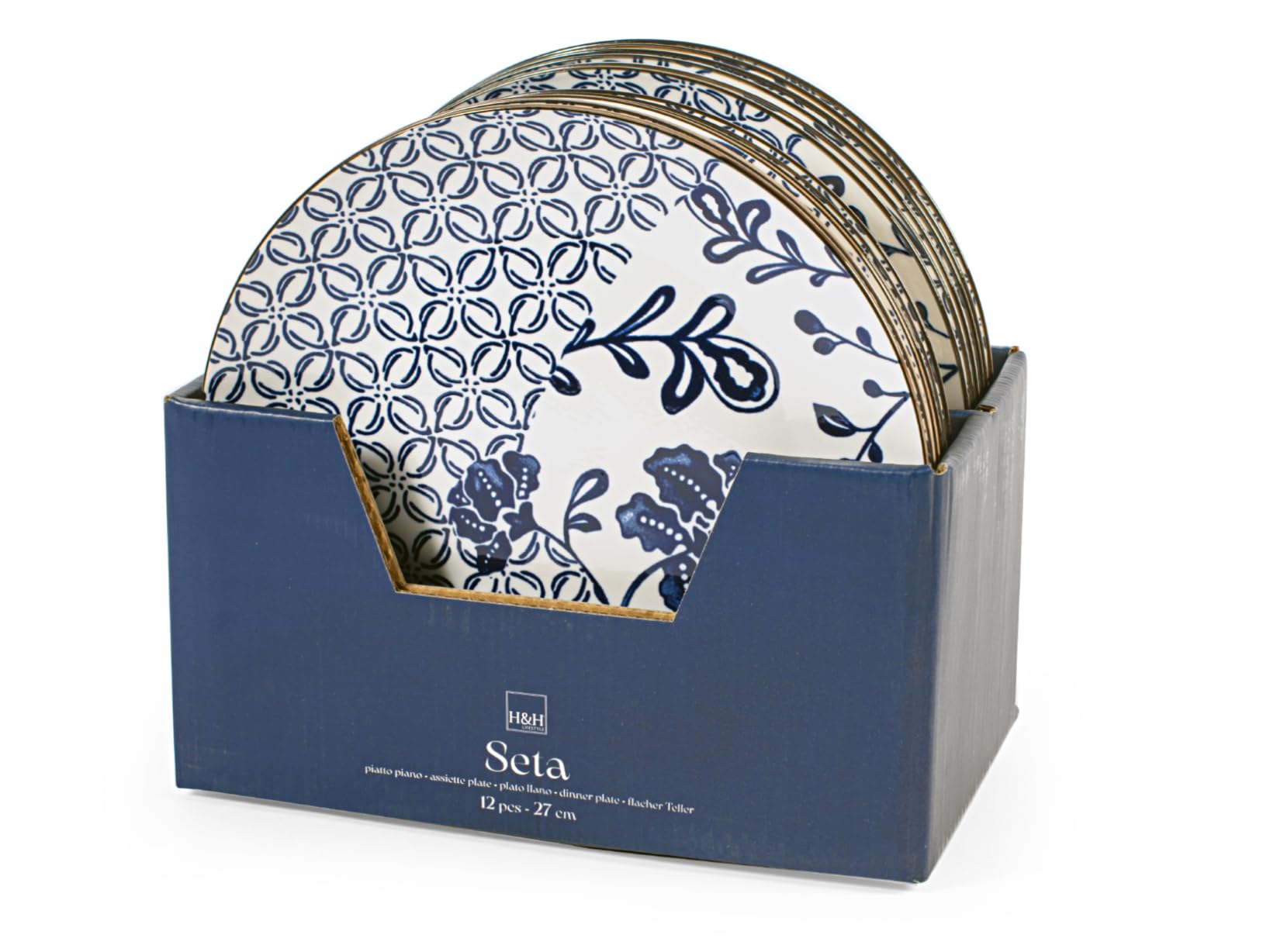 H&H Set 12 Piatti Piani Seta In Porcellana Cm 27