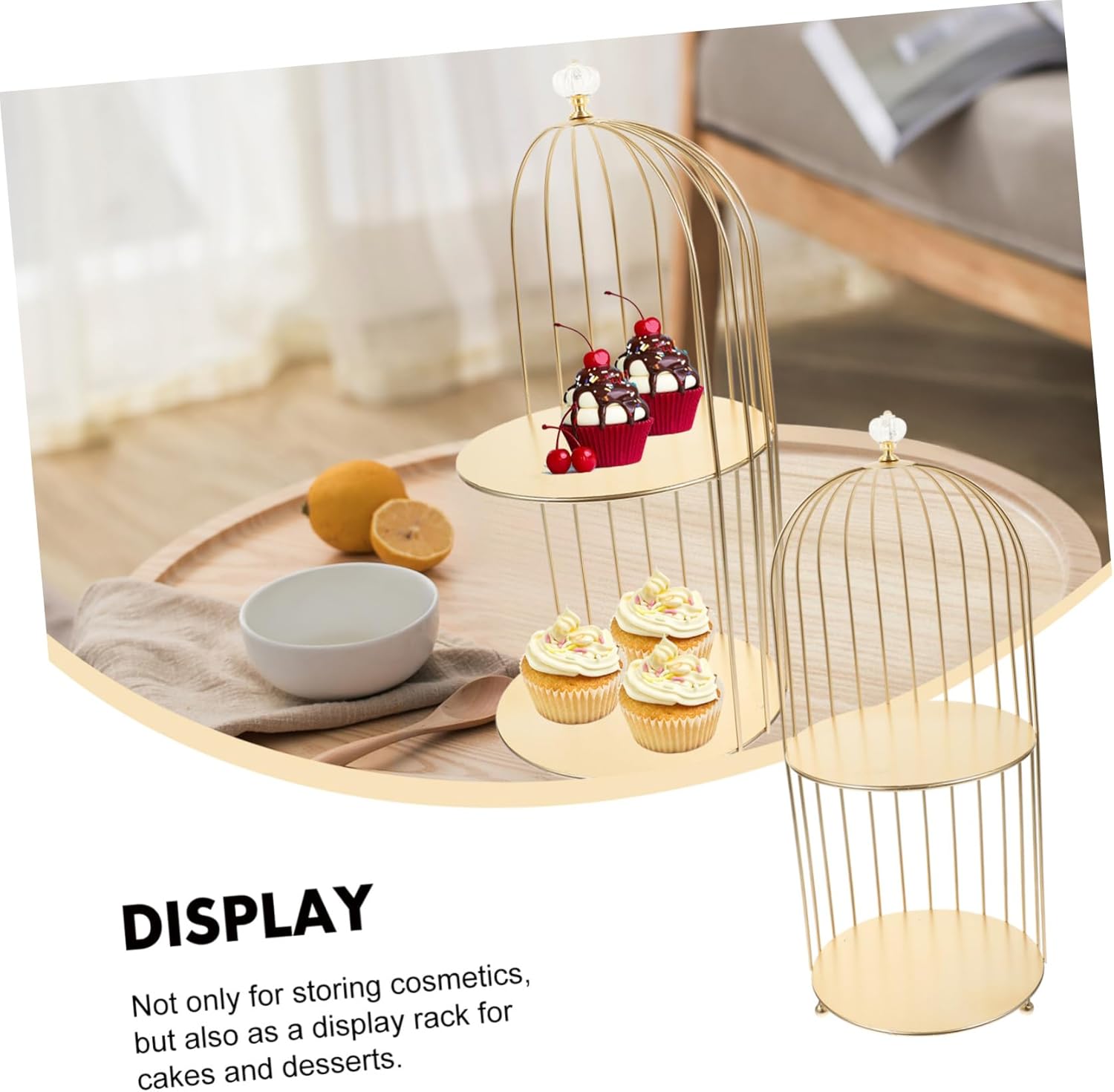iplusmile Double Birdcage Cake Stand Multi Function Makeup Organizer and Dessert Display Rack for Weddings Parties and Desktop Cosmetic Storage