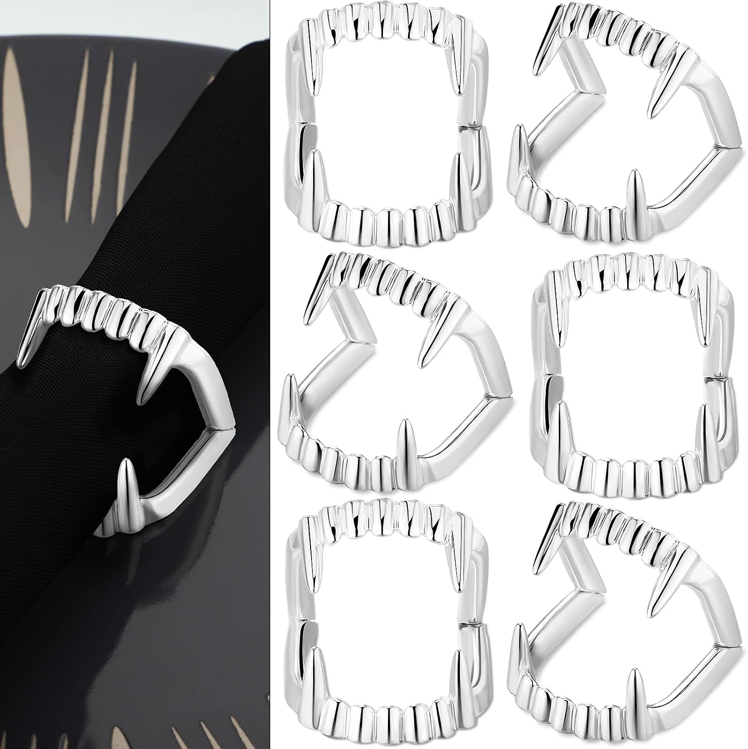 Set of 6 Halloween Napkin Ring Holder Buckle Vampire Fangs Teeth Napkin Rings Metal Alloy Napkin Rings Spooky Napkin Holder Ring Serviette Ring Holders for Halloween Party Dinner Table Decor (Silver)