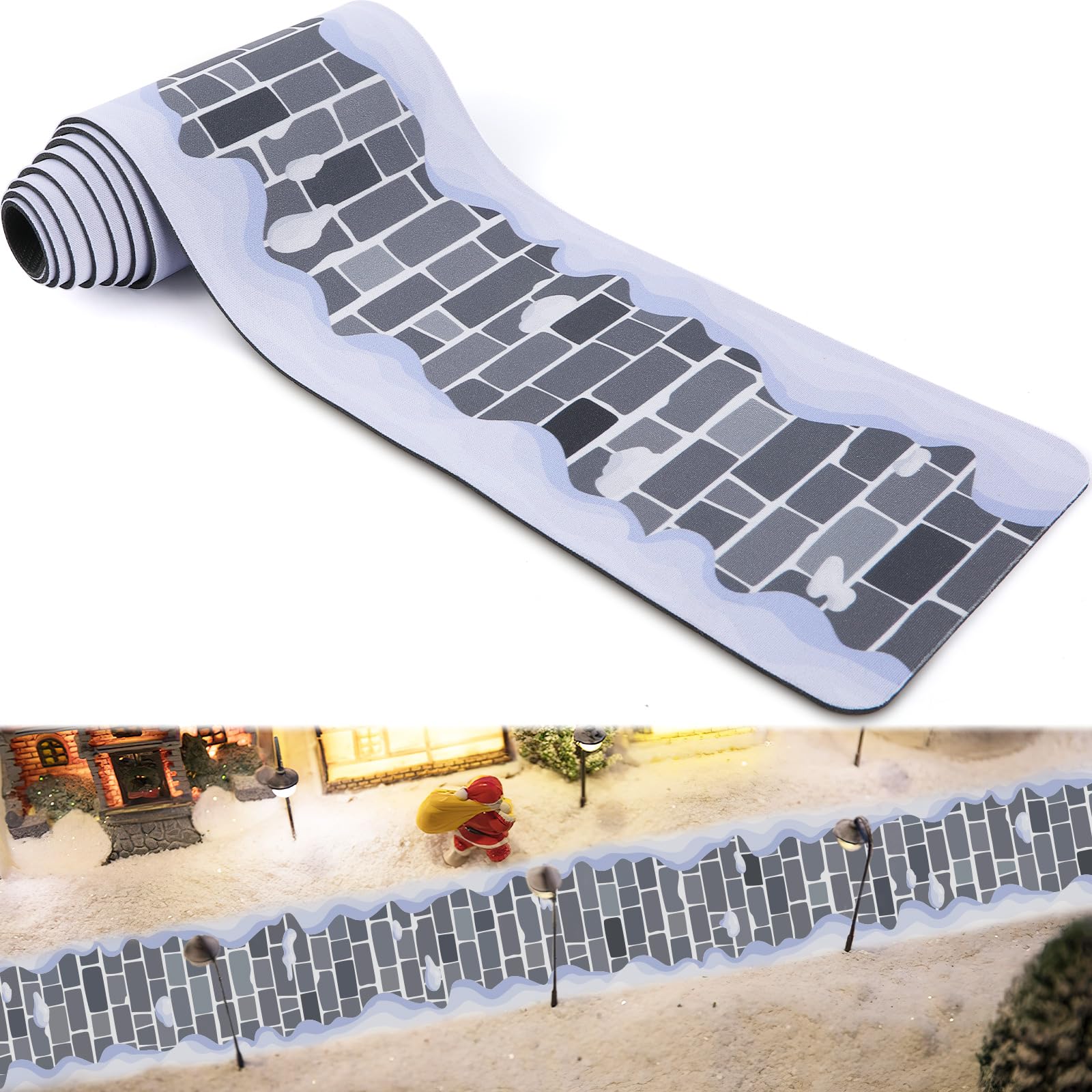 Christmas Village Accessories, 4.7 x 47.2 Inch Christmas Village Road Xmas Brick Collectible Buildings Street Snow Brick Mat for DIY Miniature Landscape Fireplace Decor
