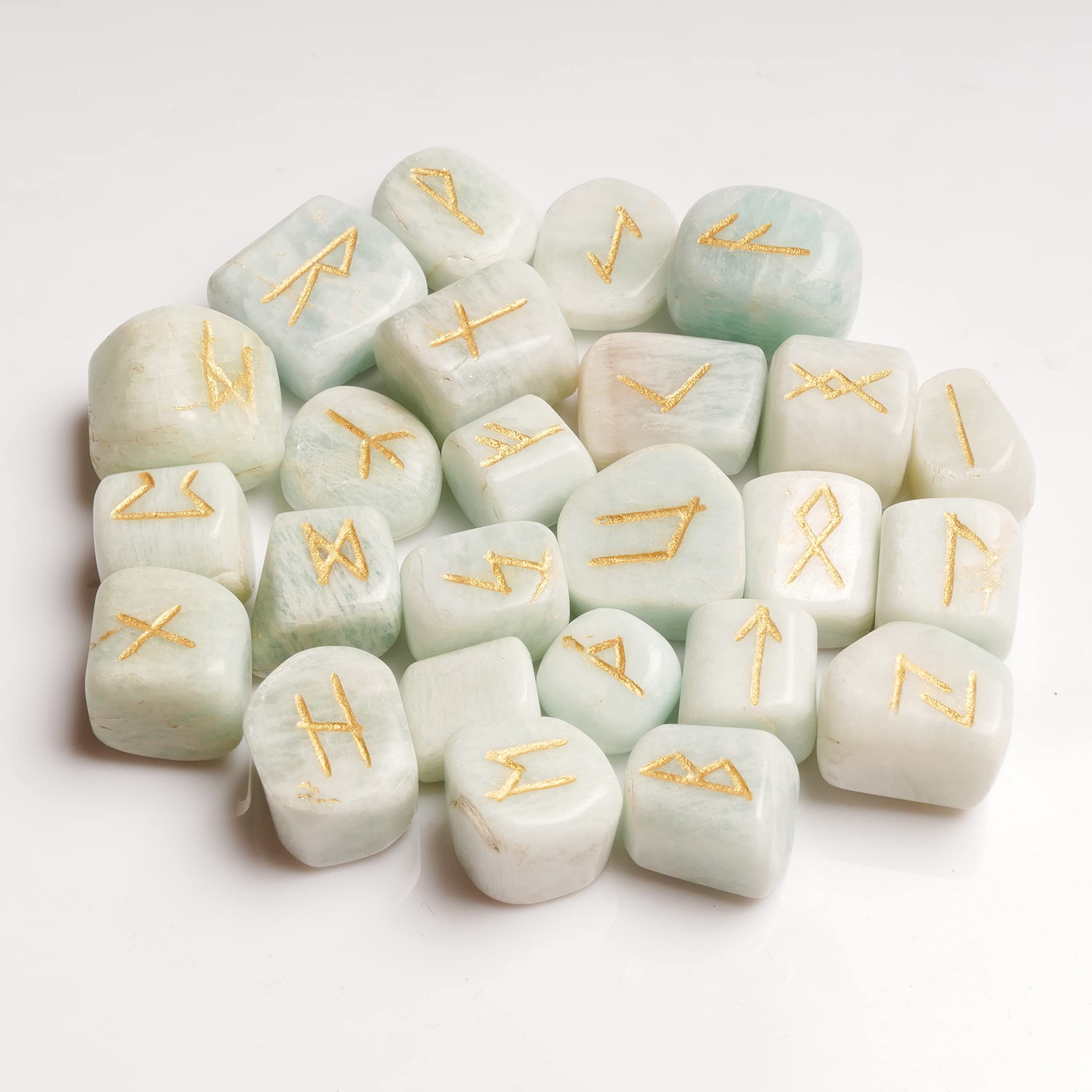 QUIPSA Amazonite Rune Stone with Book - Crystals and Healing Stones - Rune Set - Wicca Divination - Norse Decor - Viking Runes - Pagan & Witchcraft Supplies - Engraved Elder Futhark Alphabet Crystal