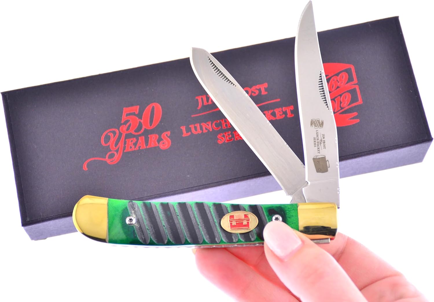 Frost Cutlery Lunch Box Series by Jim Frost LB50-108G/CS Trapper with a Green Bone Handle German Stainless Steel Blade Closed 4 Inches