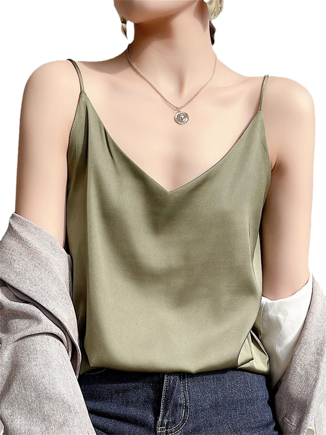 Camisola de verano con tirantes delgados para mujer, cuello en V, básica, color blanco, sin mangas
