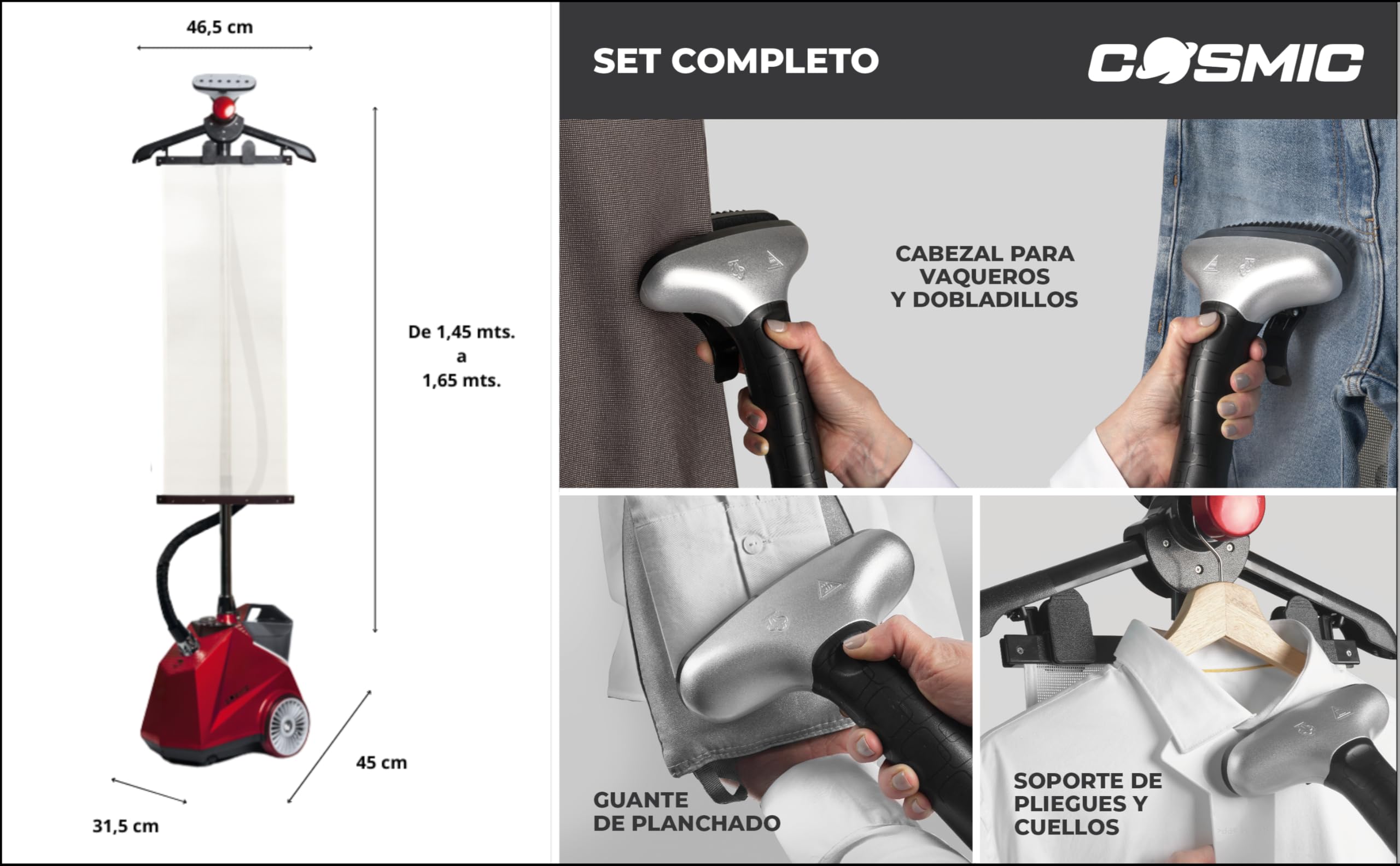 RHINO COSMIC Plancha de Vapor Vertical 2350W (4 Niveles de Potencia) Depósito 3.8L Vapor Continuo 50 g/min | Centro de Planchado de Ropa y Varios Tejidos | Incluye Cepillo Quitapelusas y Accesorios