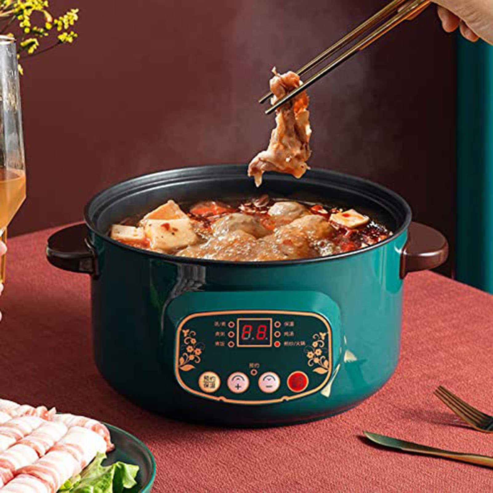 Flyself Elektrische Hot Pot, mini-rijstkoker, draagbare anti-aanbaklaag, elektrische pan, multifunctionele mini-soeppan, elektrisch fornuis met stoompan voor Shabu Shabu Soup Ramen (22 cm, 2,2 liter, wit