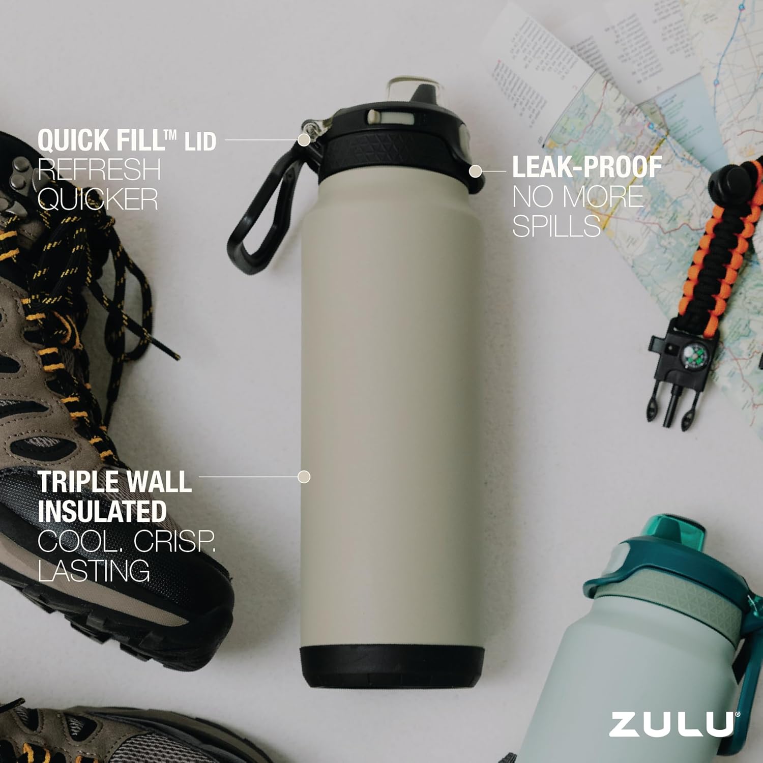 ZULU Powerfill Pro 40oz Stainless Steel Water Bottle with Quick Fill Lid, Triple Walled Vacuum Insulated Metal, Leak Proof Locking Lid, Sip and Chug, Reusable BPA Free, Ash - Image 3