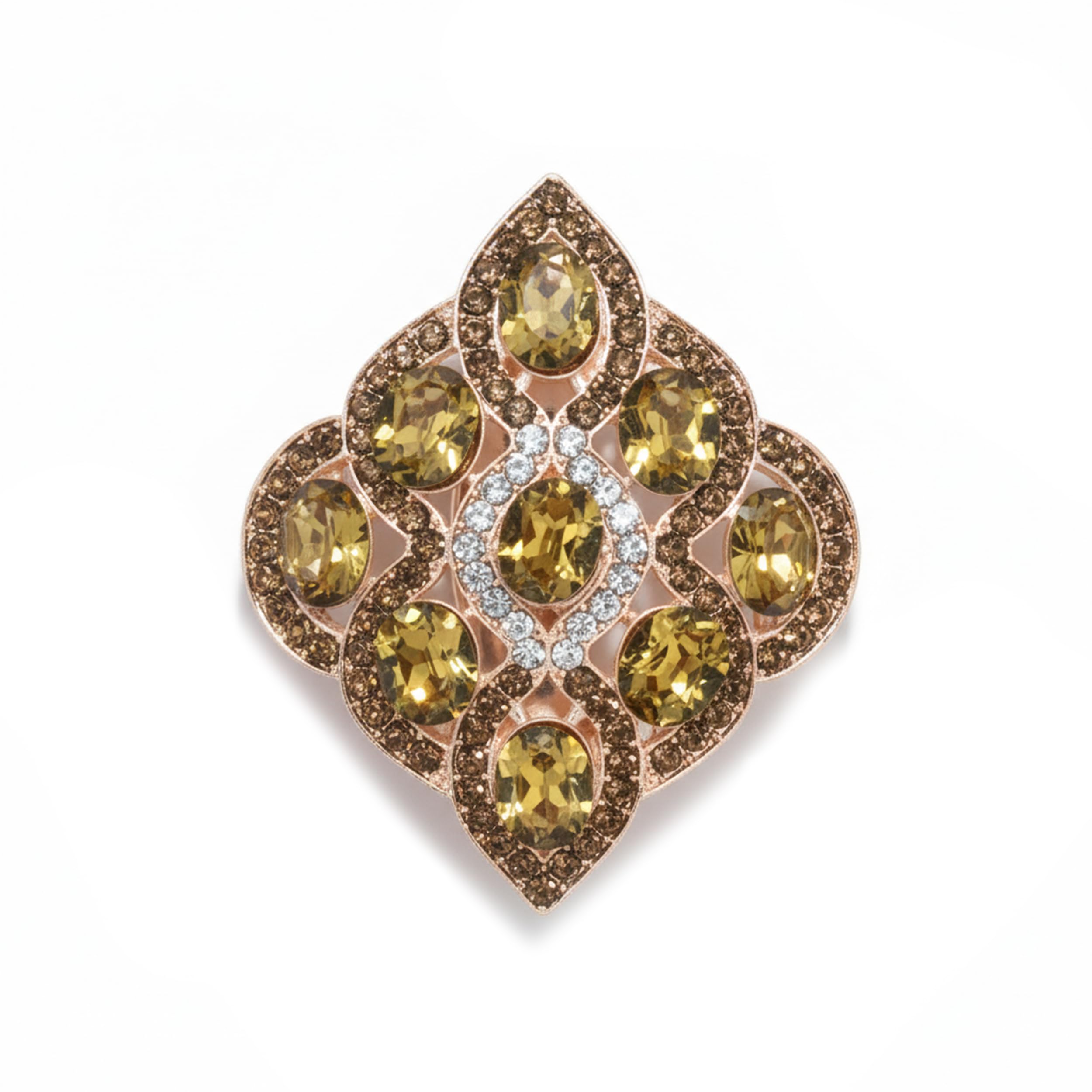 Vintage-Inspired Crystal Medallion Brooch Pin, Rose Gold Plated Statement Jewelry with, Brown Crystals, Diamond Cluster Design-image-39
