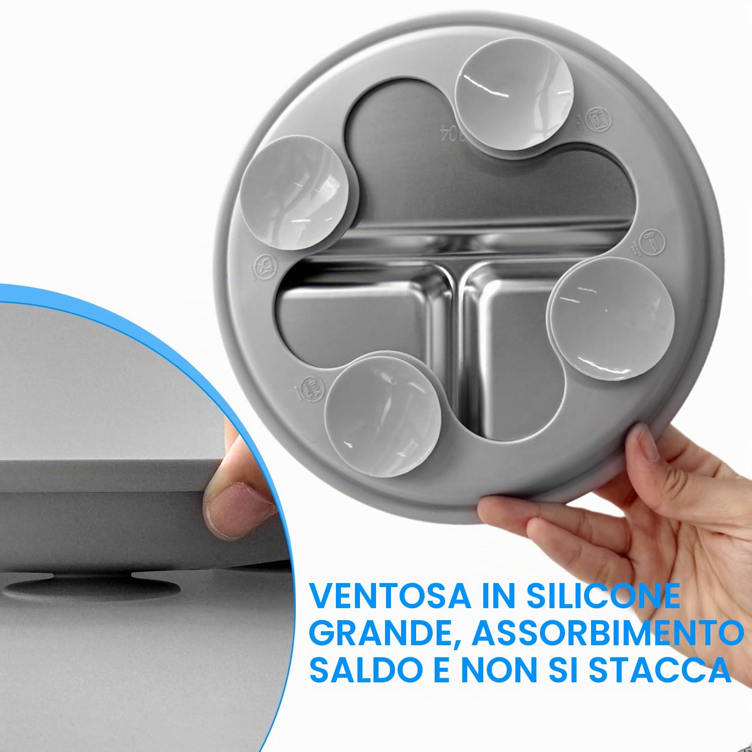 2 piatti a ventosa per bambini, in acciaio inox, con 2 cucchiai e forchette, piatti divisi per bambini, utensili per bambini, set di alimentazione antiscivolo, senza BPA (grigio + beige)