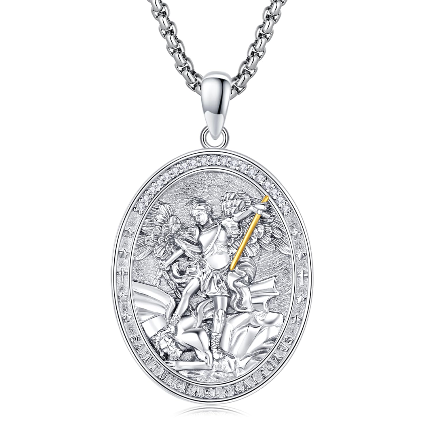 St. Michael Necklace 925 Sterling Silver Saint Michael Pendant White Gold/Malachite/Black Gold/Abalone/Gold Archangel Amulet Jewelry Gift 22" + 2"