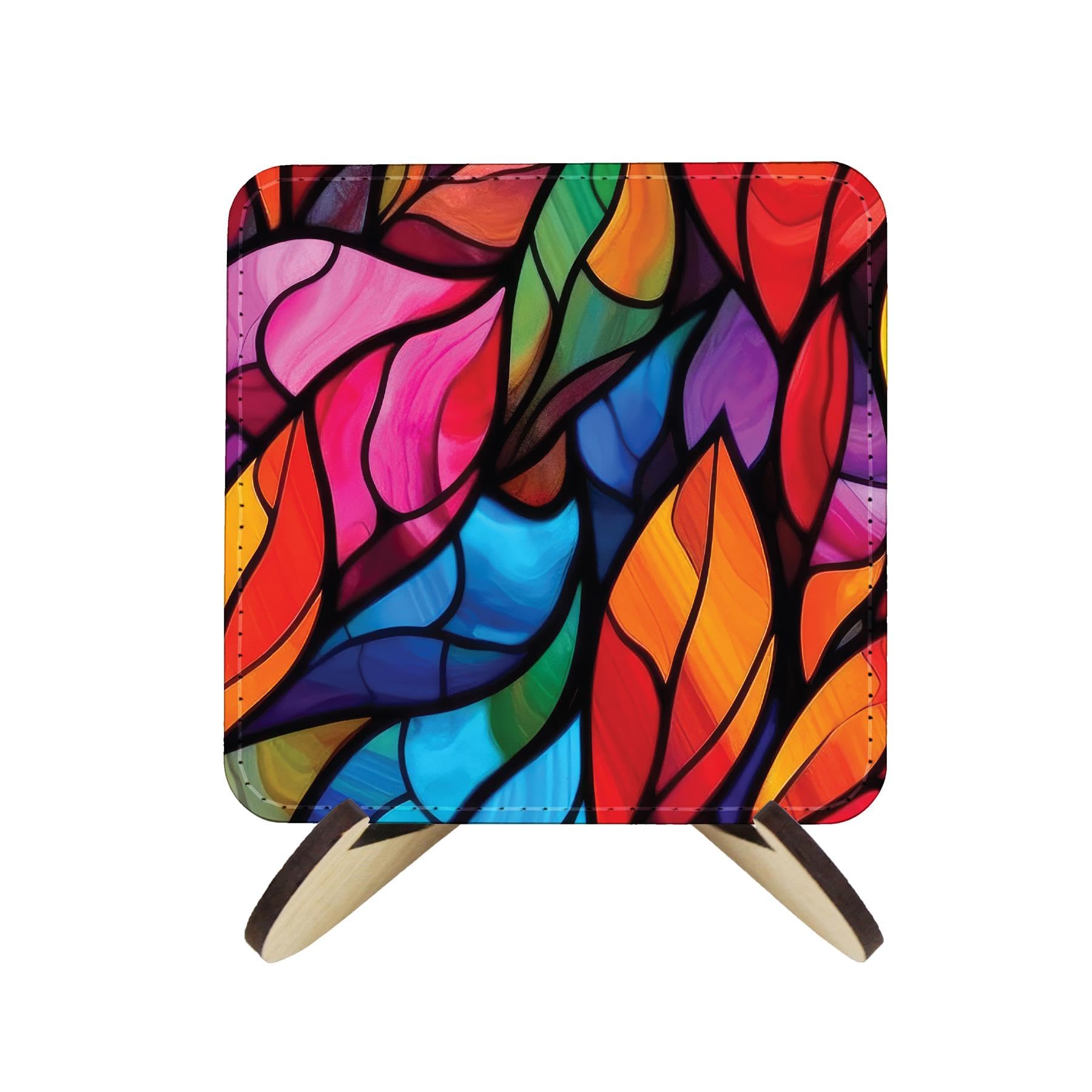Stained Glass Print Faux Leather Coasters - Table Decor, 4pk with Stand