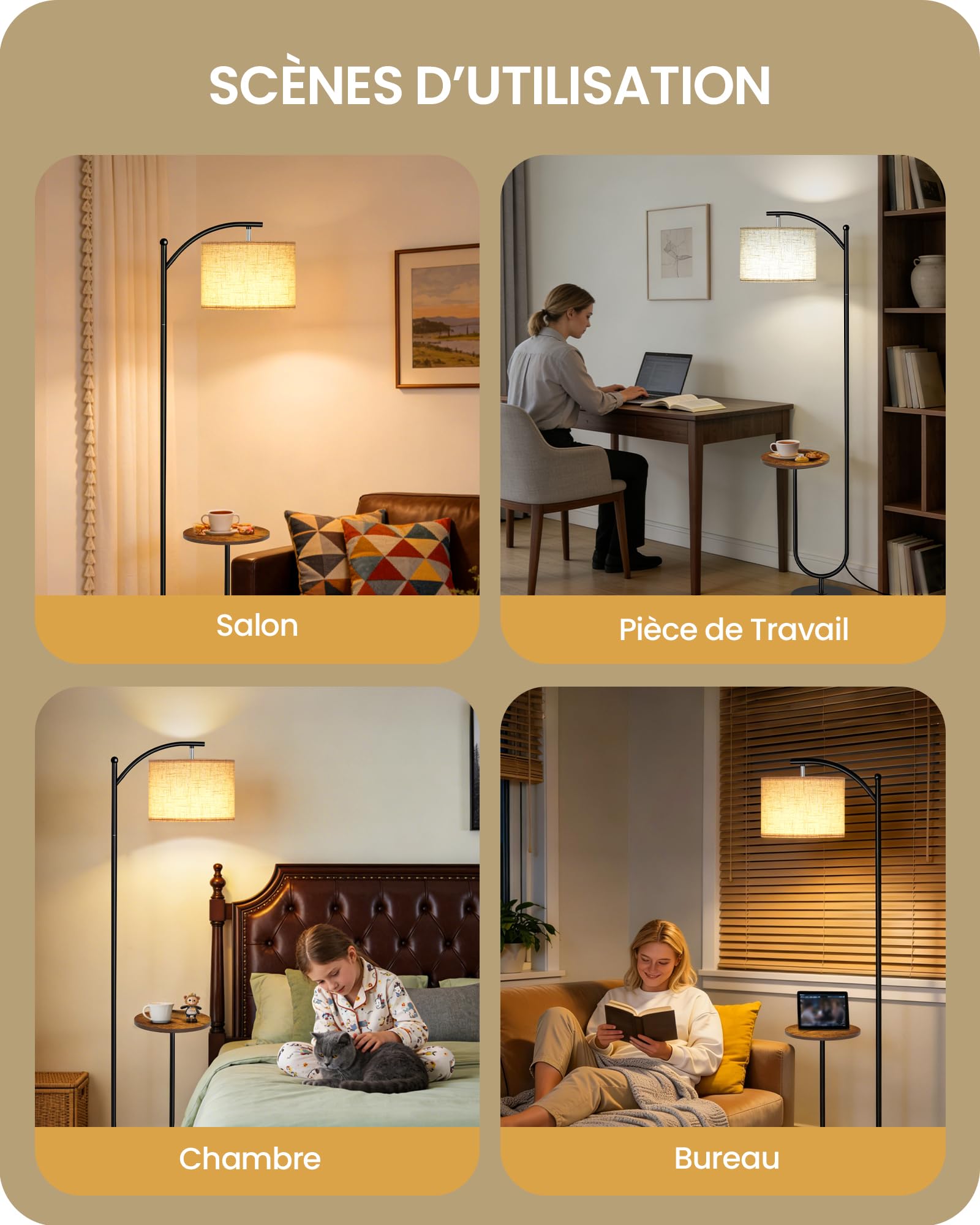 Lampadaire avec Table d’Appoint, 3 Températures, Mémoire, Tête Orientable, Abat-Jour en Lin Naturel, Interrupteur au Pied, pour Salon, Chambre, Bureau, Marron Rustique et Beige FE22LDD05
