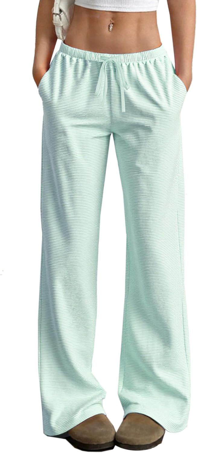 Women's Pajama Pants Wide Leg Striped Cotton women Drawstring Lounge Pj Pants with Pockets