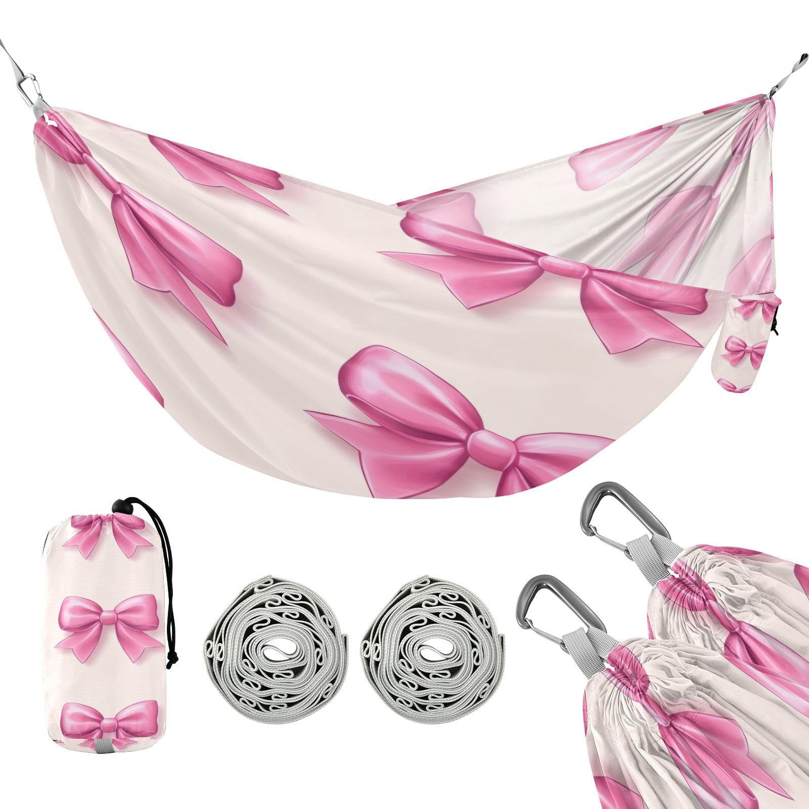 ATTX Pink Bows Camping Hammock - Lightweight & Portable Hammocks, Heavy Duty 330lbs Capacity for Indoor, Hiking, Backpacking, Travel, Backyard, Beach#533