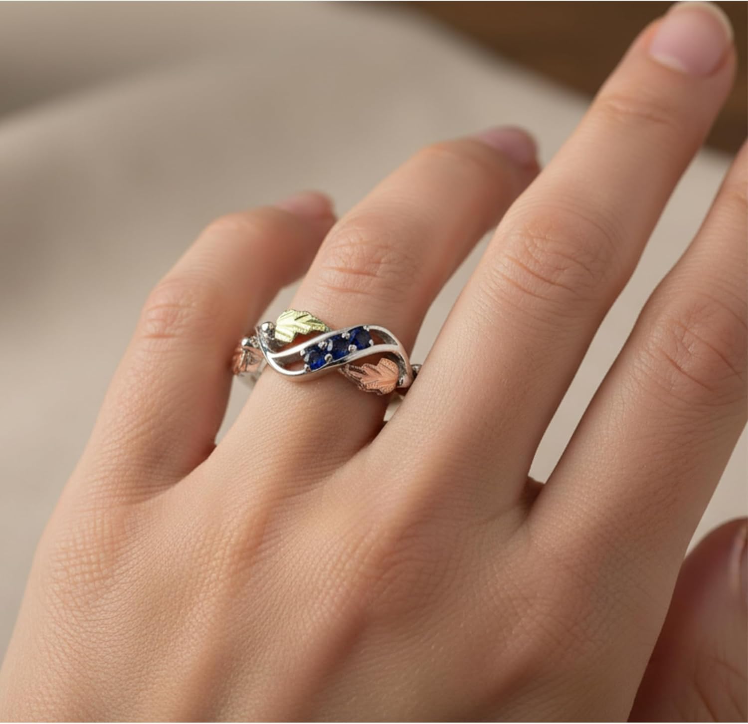 Black Hills Gold Sterling Silver Sapphire Ring for Women – Rhodium-Plated Hypoallergenic Band with 12k Rose & Green Gold Grape Leaves, 3 Blue Sapphires, Elegant Vine Design