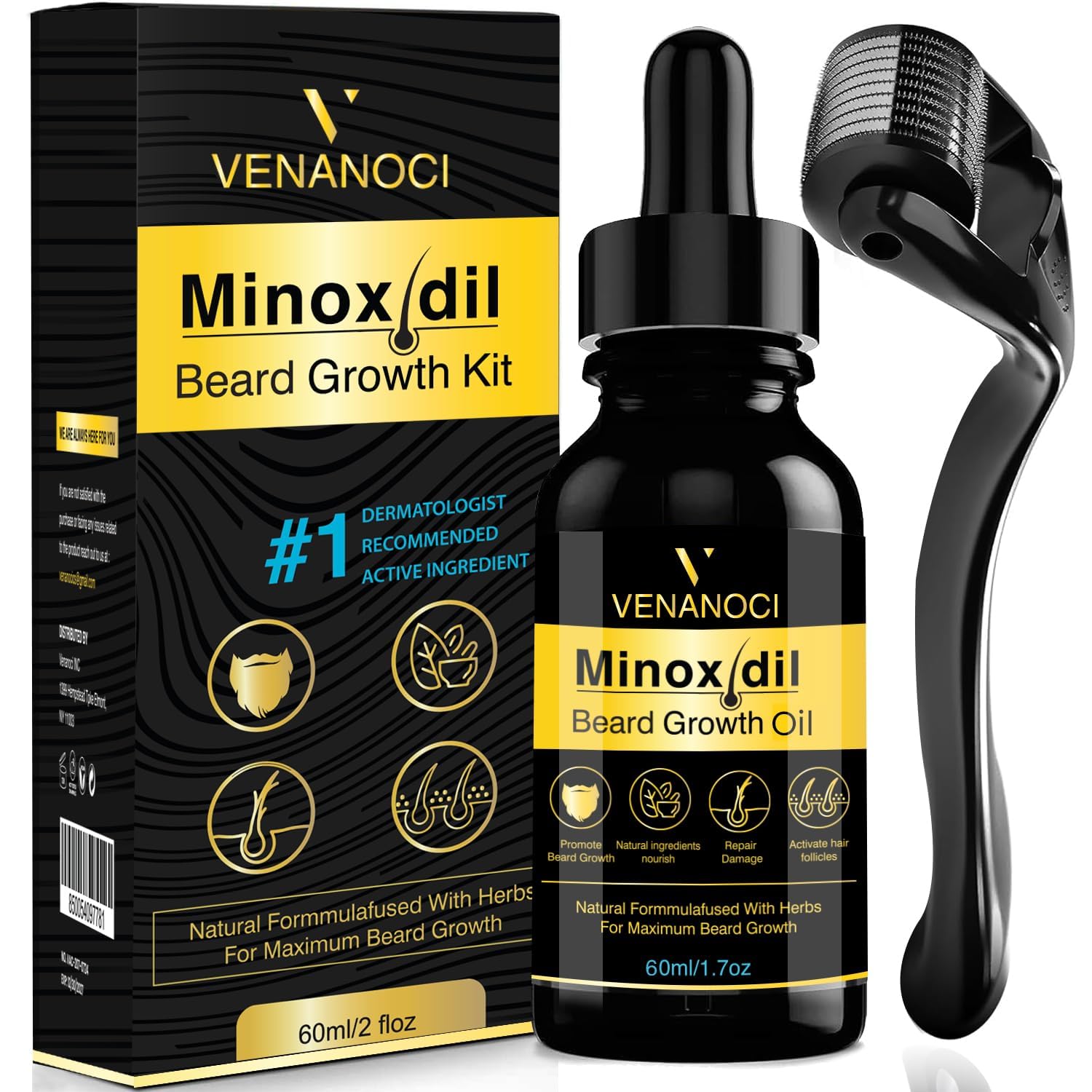 5% Minoxidil for Men Beard Growth Kit: Venanoci Hair Regrowth Oil with Biotin & Rosemary – Thicker, Fuller Beard & Hair – Stop Hair Loss & Thinning – Hair Growth Serum Treatment