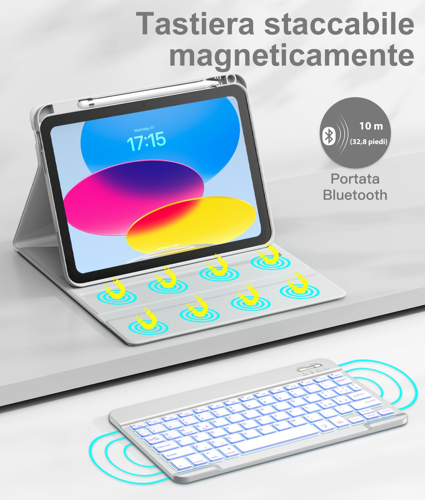 Vobafe Cover iPad A16 11 10 Generazione con Tastiera (11/10.9 Pollici, 2025/2022), Italiano QWERTY con 7 Colori Illuminato, Senza Fili Staccabile Custodia con Portapenna per Tastiera iPad A16, Grigio