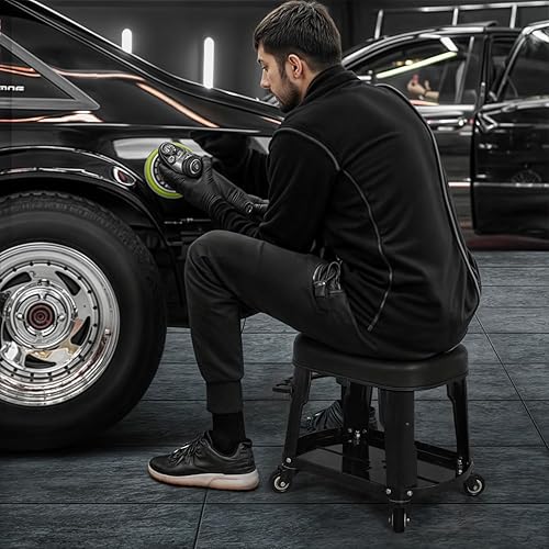 Miniatura 2 de M-AUTO Asiento de trabajo rodante de garaje resistente, taburete mecánico de capacidad de 300 libras con ruedas, bandeja para equipos y estante de