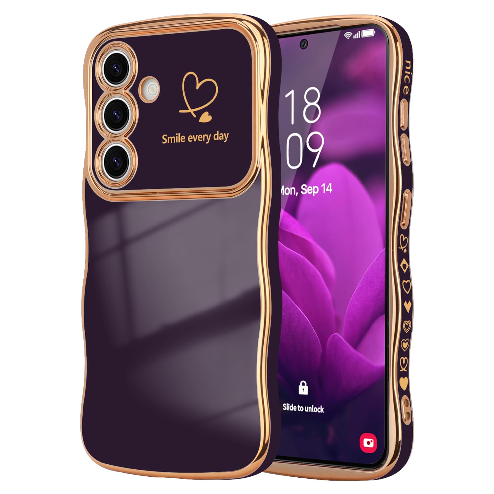 LCHULLE for Samsung Galaxy S25 Plus Case for Women Girls, Cute Wave Frame Curly Shape with Love Heart Camera Protection Cover Luxury Plating