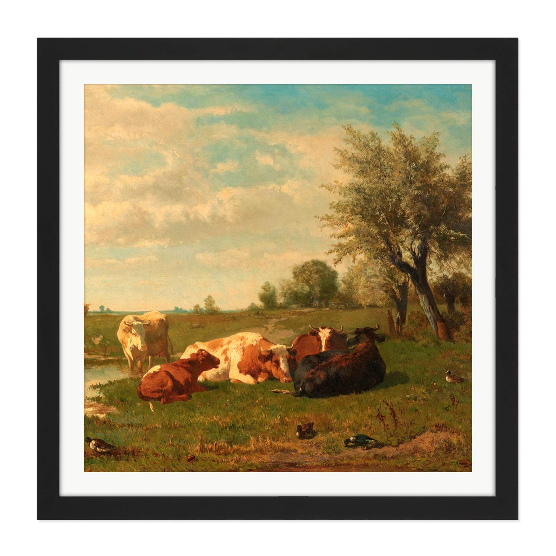 Artery8 Bilders Cows In The Meadow Landscape Painting Square Wooden Framed Wall Art Print Picture 16X16 Inch